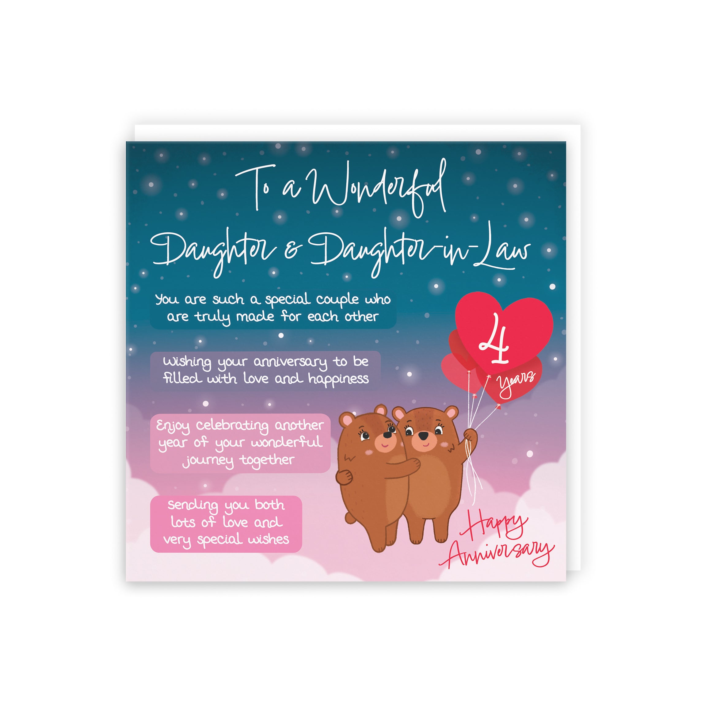 Daughter And Daughter In Law 4th Anniversary Card Starry Night Cute Bears