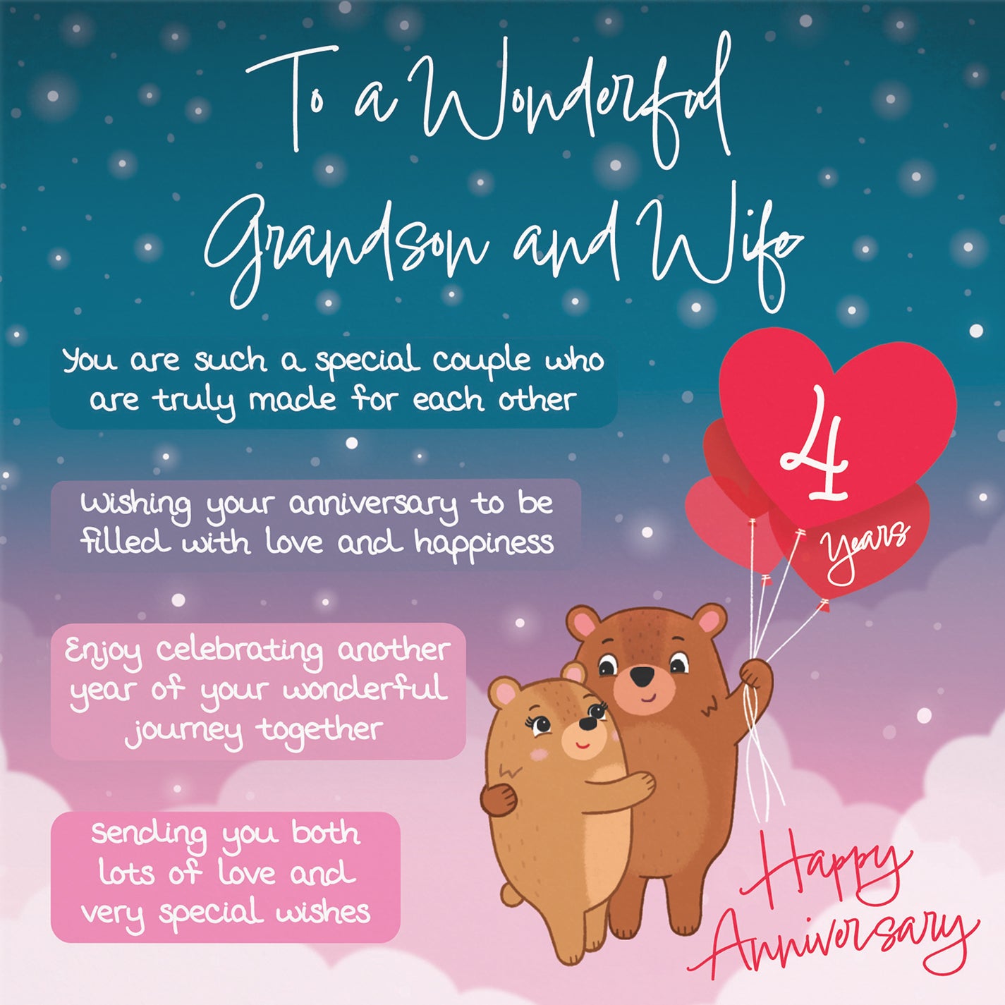 Grandson And Wife 4th Anniversary Card Starry Night Cute Bears