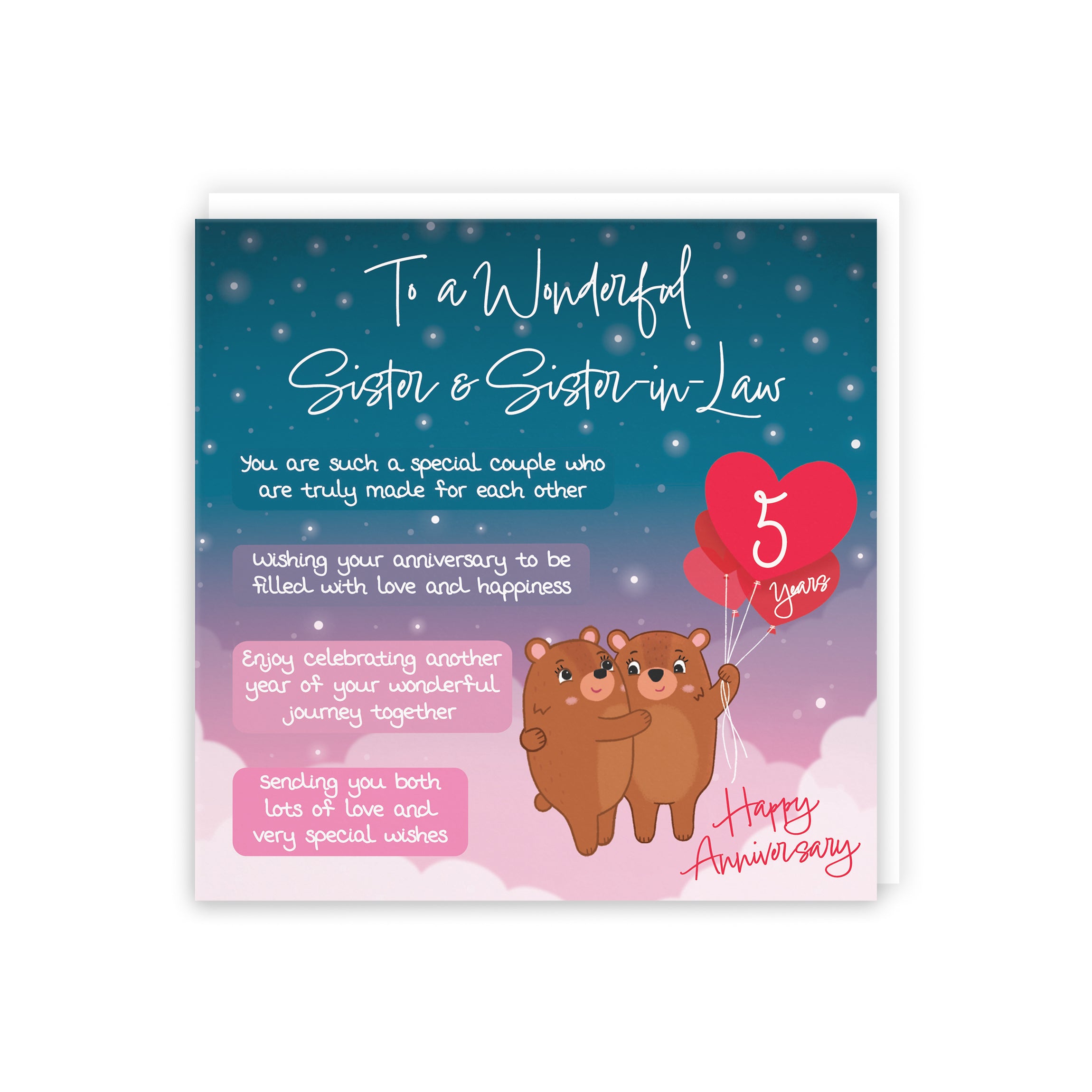 Sister And Sister In Law 5th Anniversary Card Starry Night Cute Bears