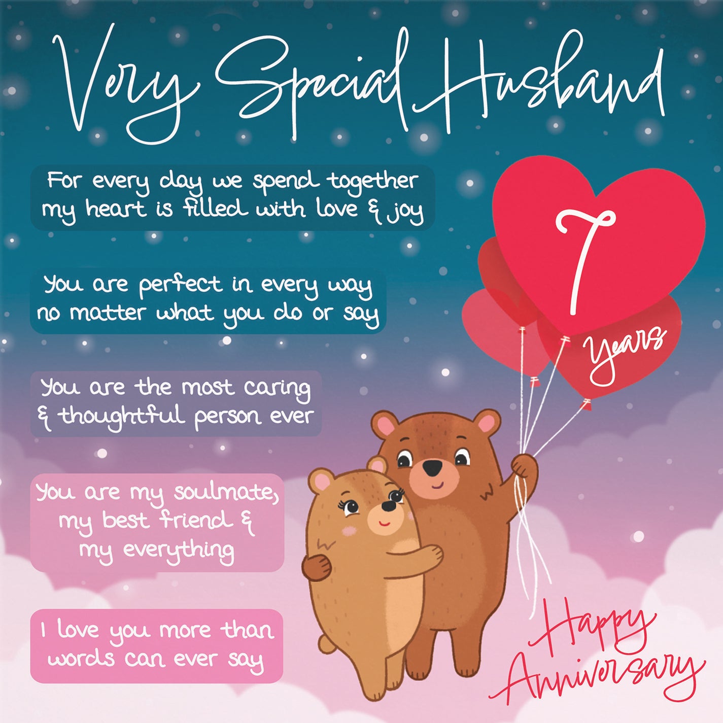 Husband 7th Anniversary Card Starry Night Cute Bears