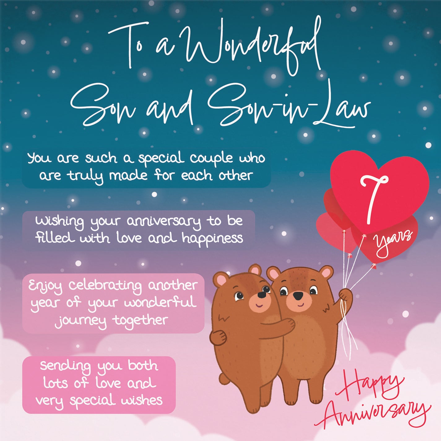 Son And Son In Law 7th Anniversary Card Starry Night Cute Bears