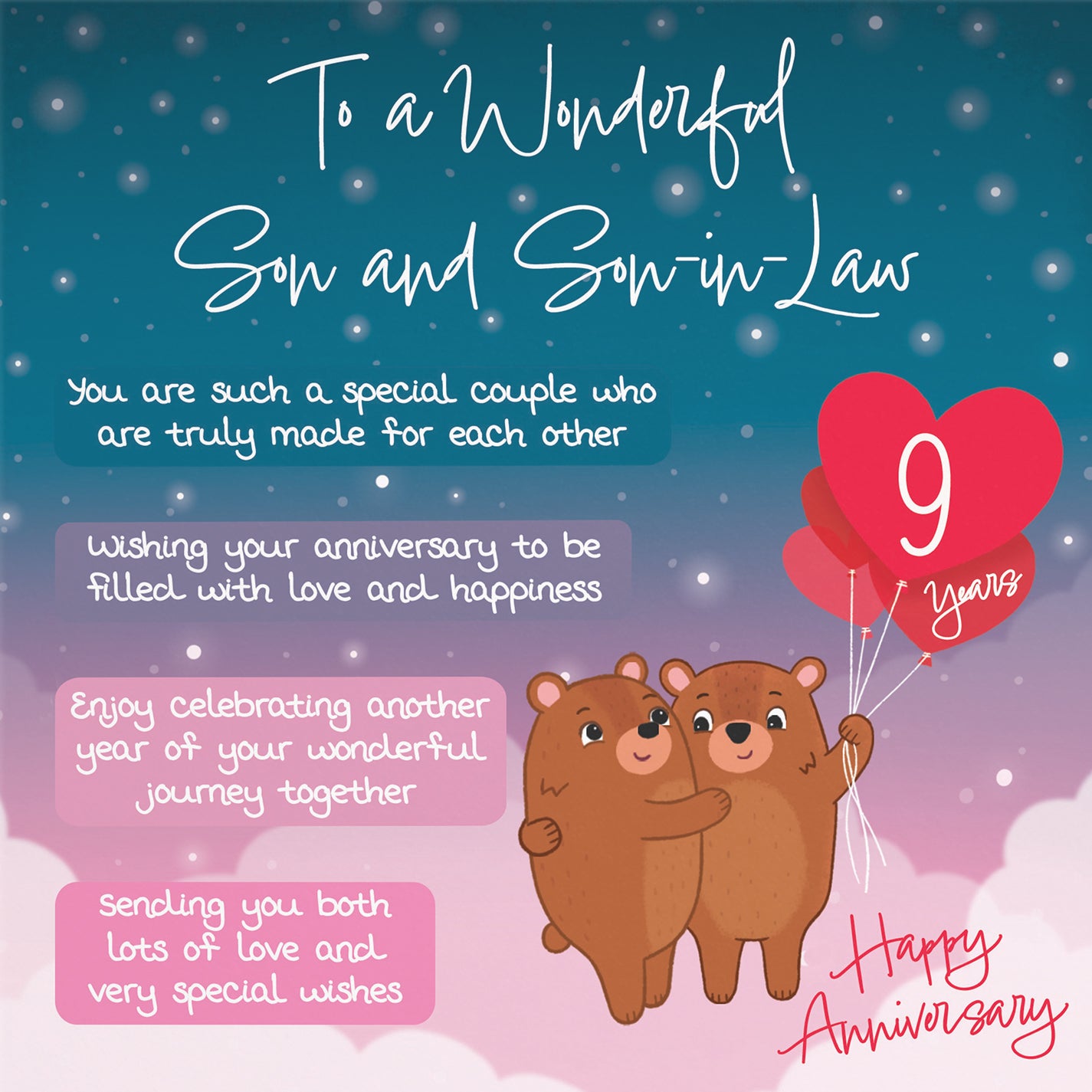 Son And Son In Law 9th Anniversary Card Starry Night Cute Bears