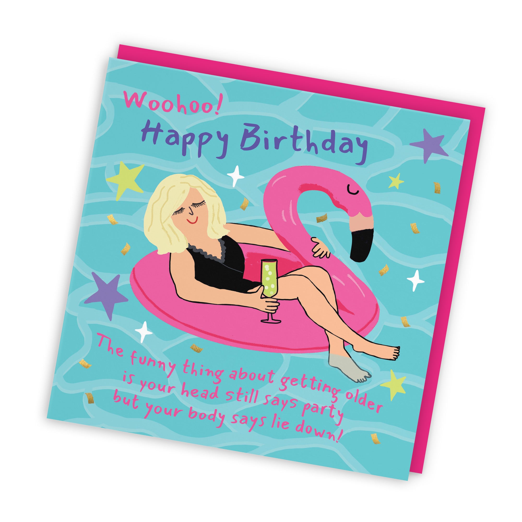 Women's Birthday Card Flamingo Float Funny Getting Older Laugh Out Loud - Default Title (GK00346)