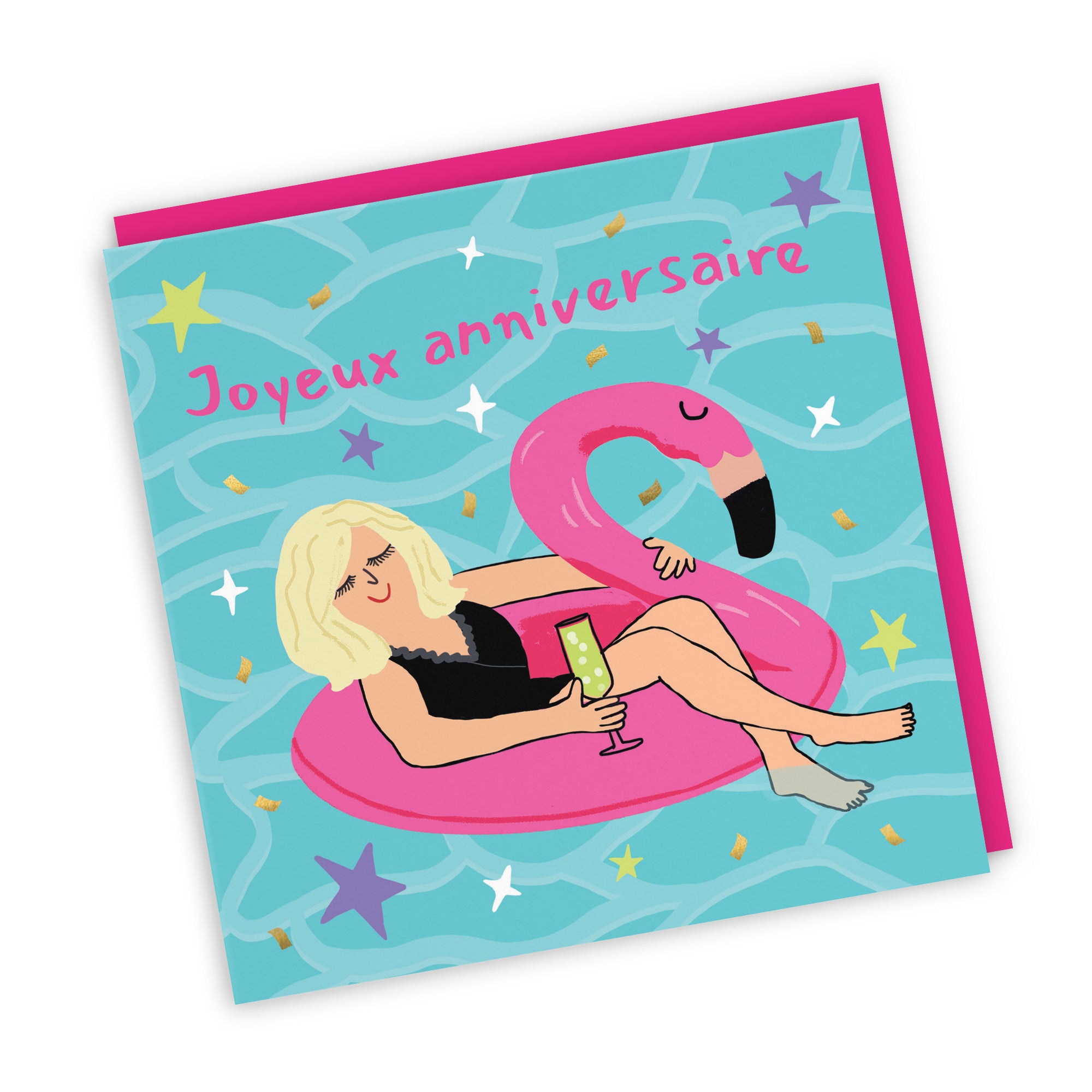 Women's French Language Birthday Card Flamingo Float Laugh Out Loud - Default Title (GK00350)