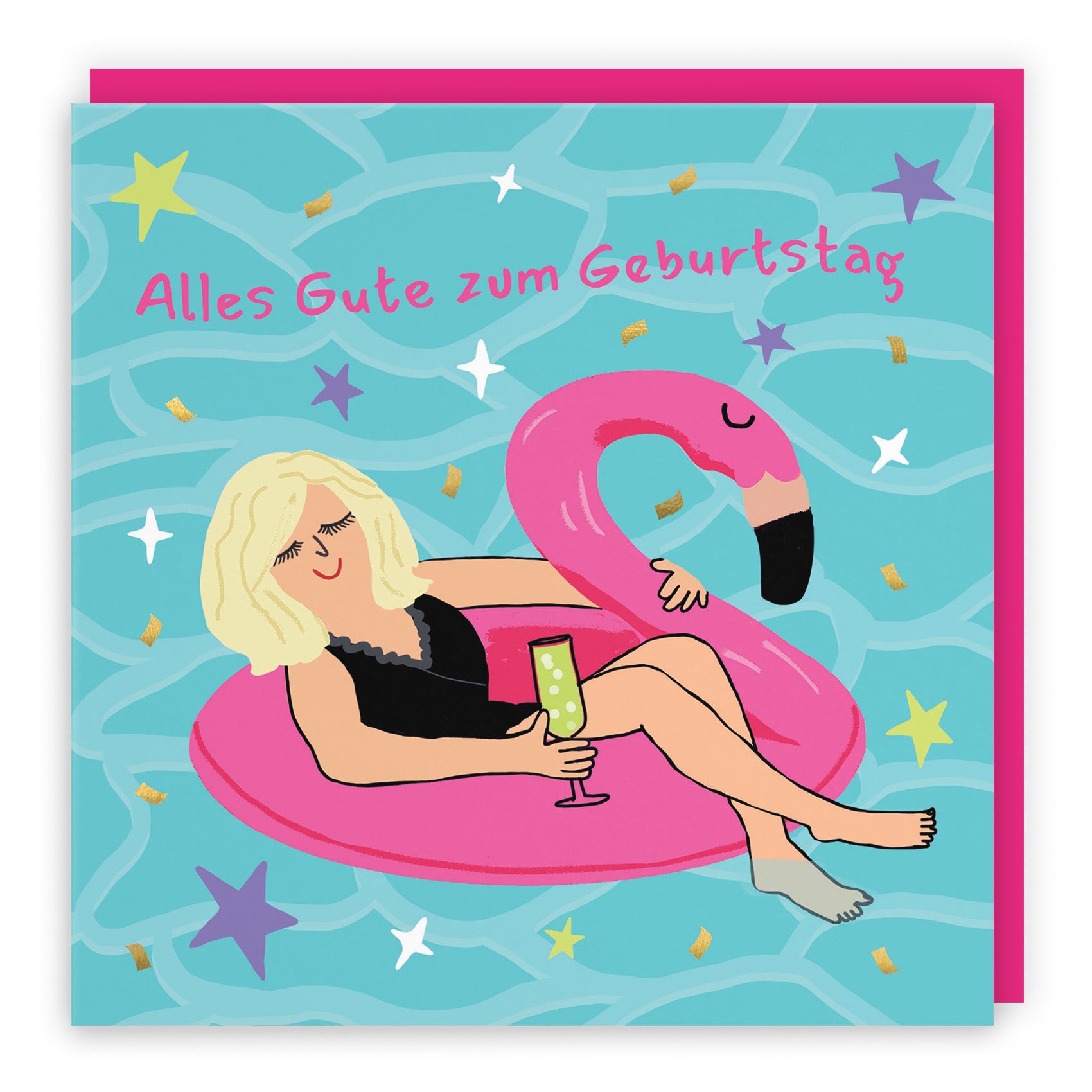 Women's German Language Birthday Card Flamingo Float Laugh Out Loud - Default Title (GK00351)