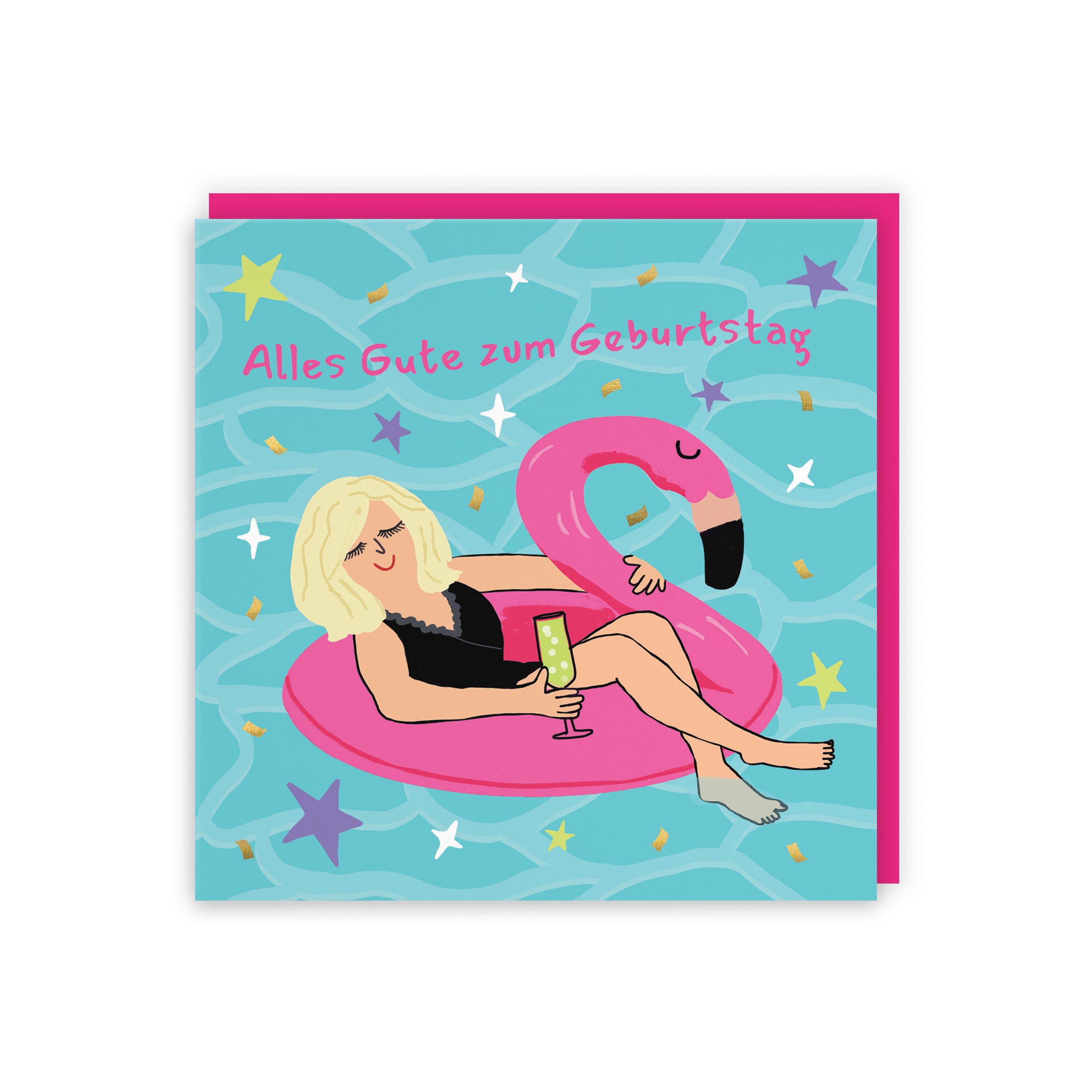 Women's German Language Birthday Card Flamingo Float Laugh Out Loud - Default Title (GK00351)