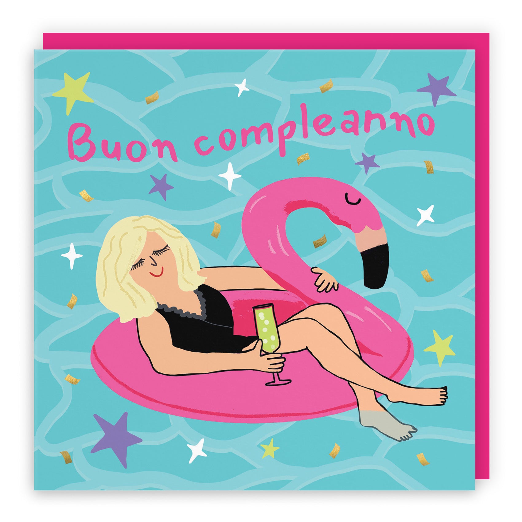 Women's Italian Language Birthday Card Flamingo Float Laugh Out Loud - Default Title (GK00352)