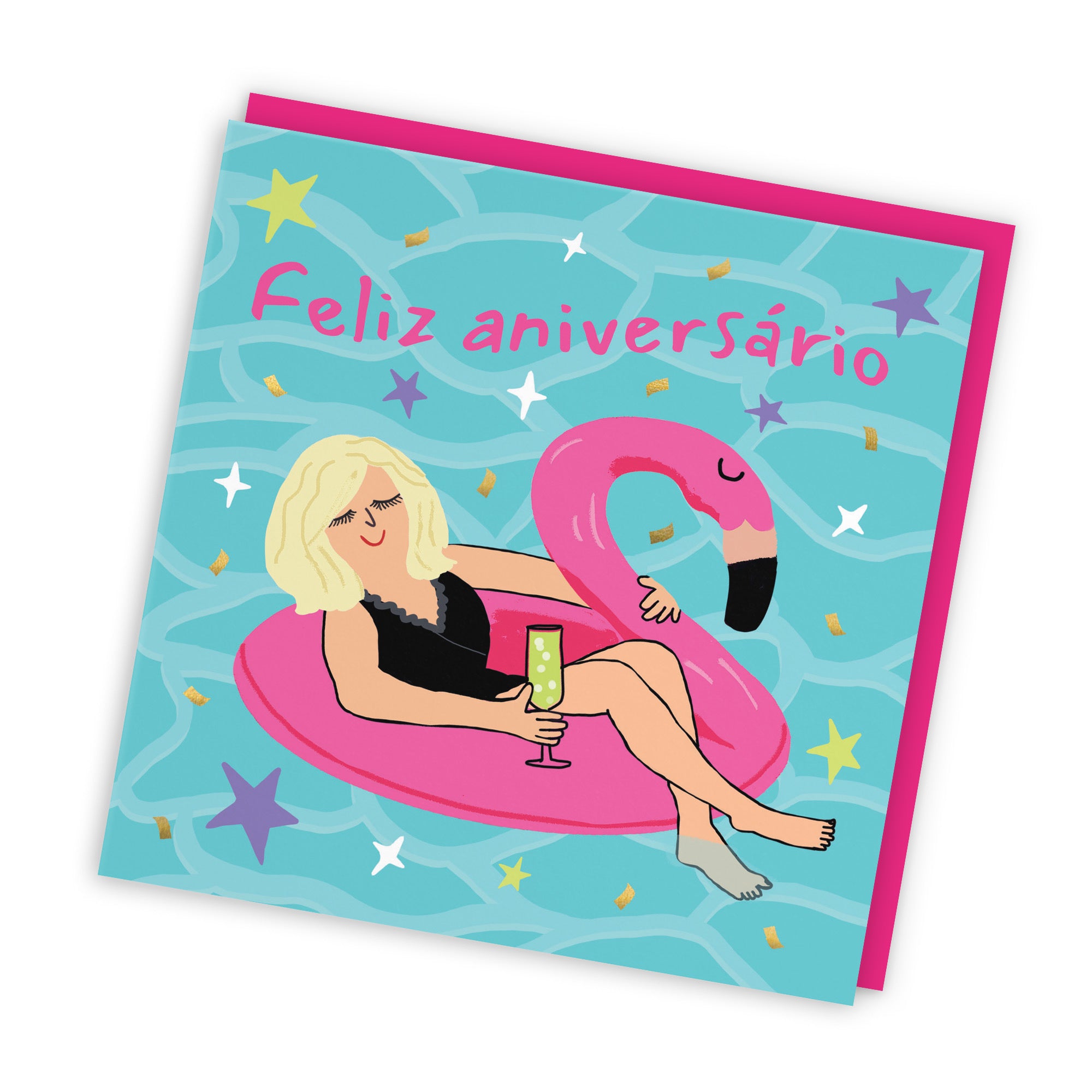 Women's Portuguese Language Birthday Card Flamingo Float Laugh Out Loud - Default Title (GK00353)