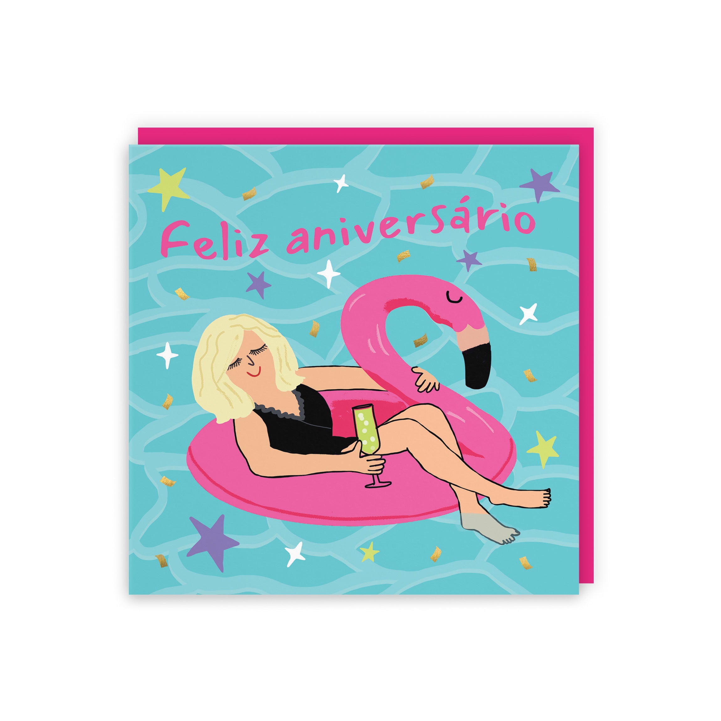 Women's Portuguese Language Birthday Card Flamingo Float Laugh Out Loud - Default Title (GK00353)