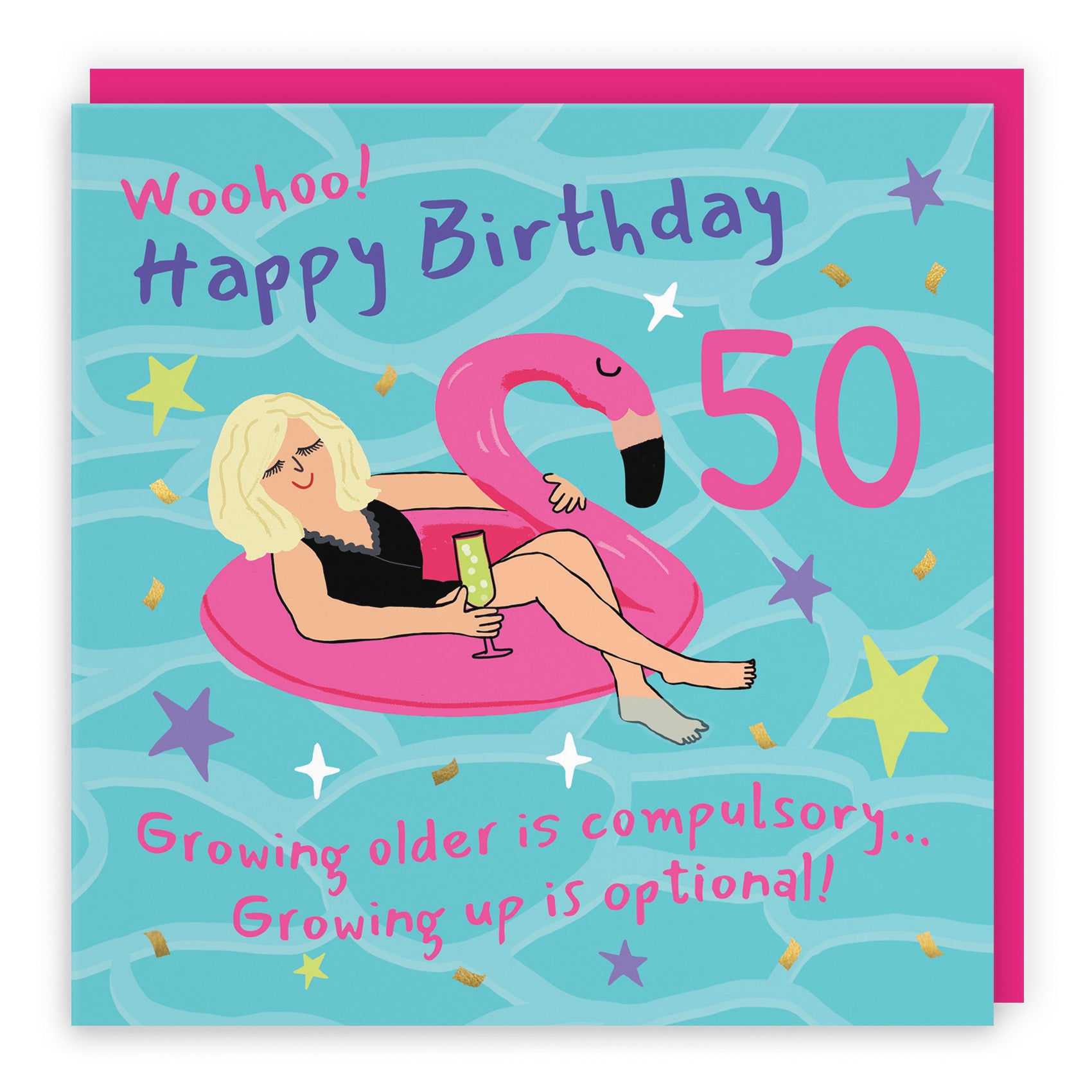 Women's 50th Birthday Card Flamingo Float Laugh Out Loud - Default Title (GK00380)