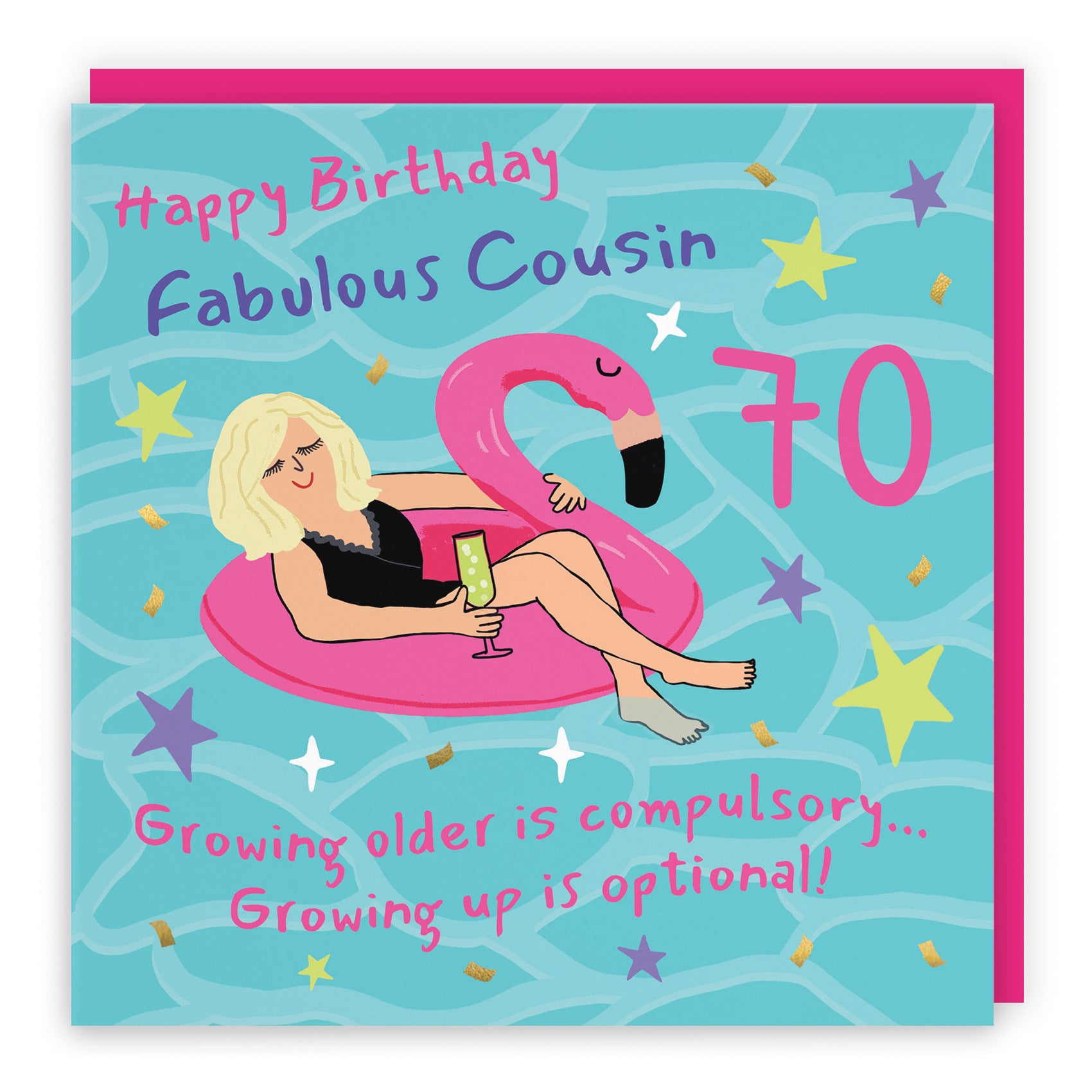 Female 70th Cousin Birthday Card Flamingo Float Laugh Out Loud - Default Title (GK00393)