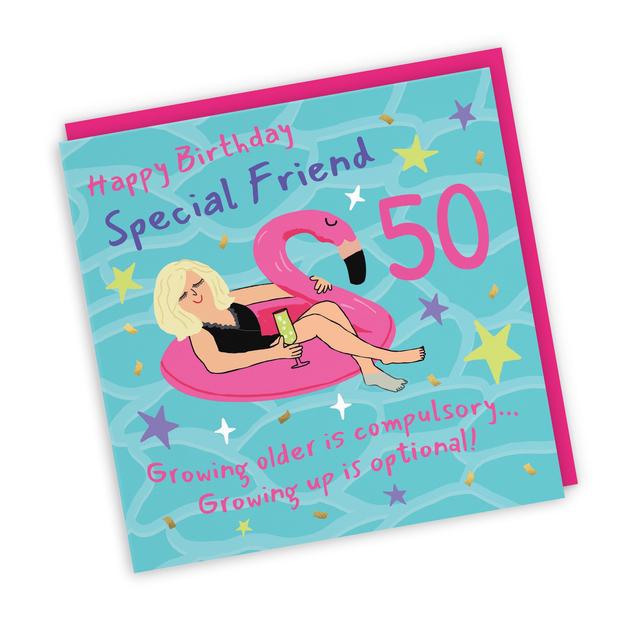 Female 50th Friend Birthday Card Flamingo Float Laugh Out Loud - Default Title (GK00407)