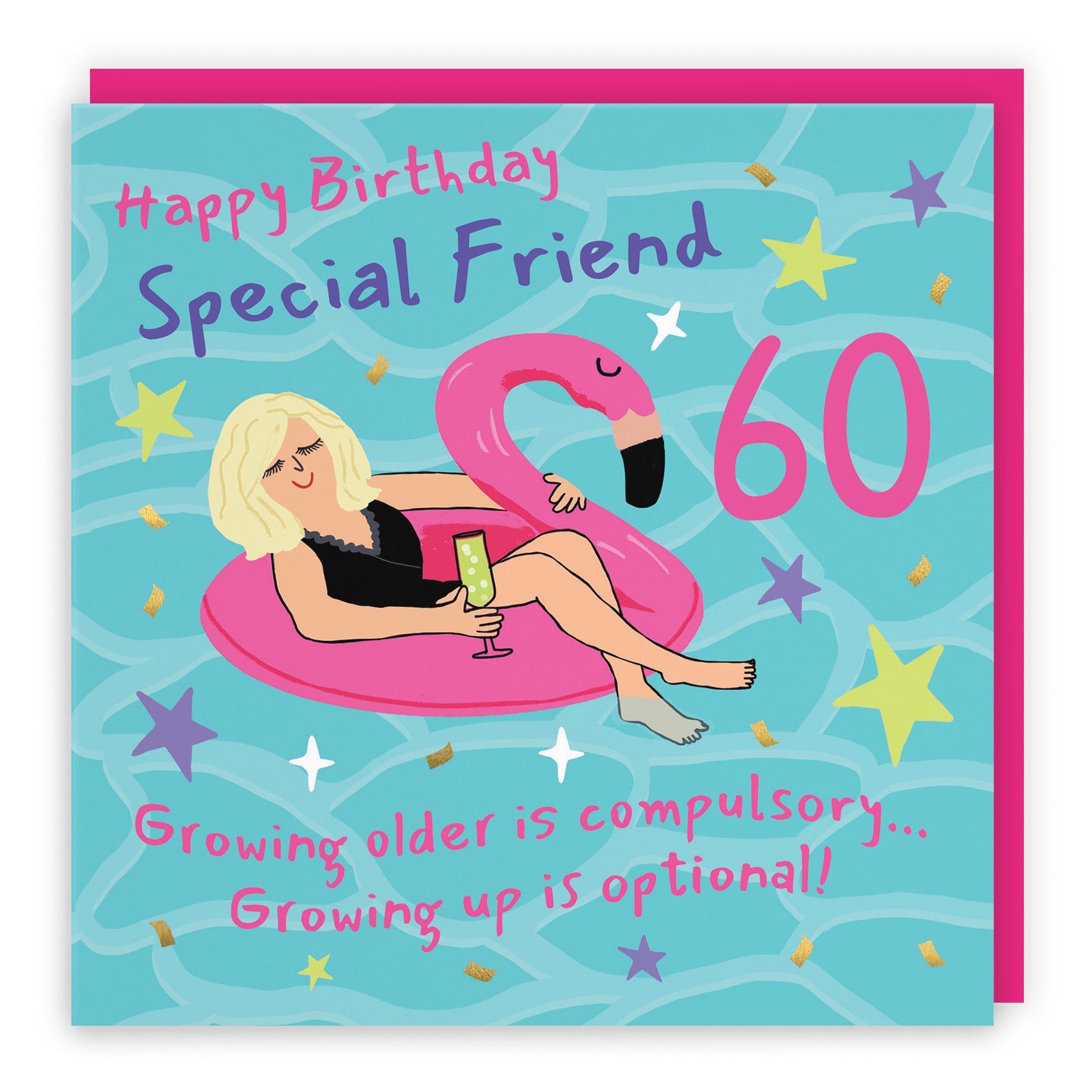 Female 60th Friend Birthday Card Flamingo Float Laugh Out Loud - Default Title (GK00408)