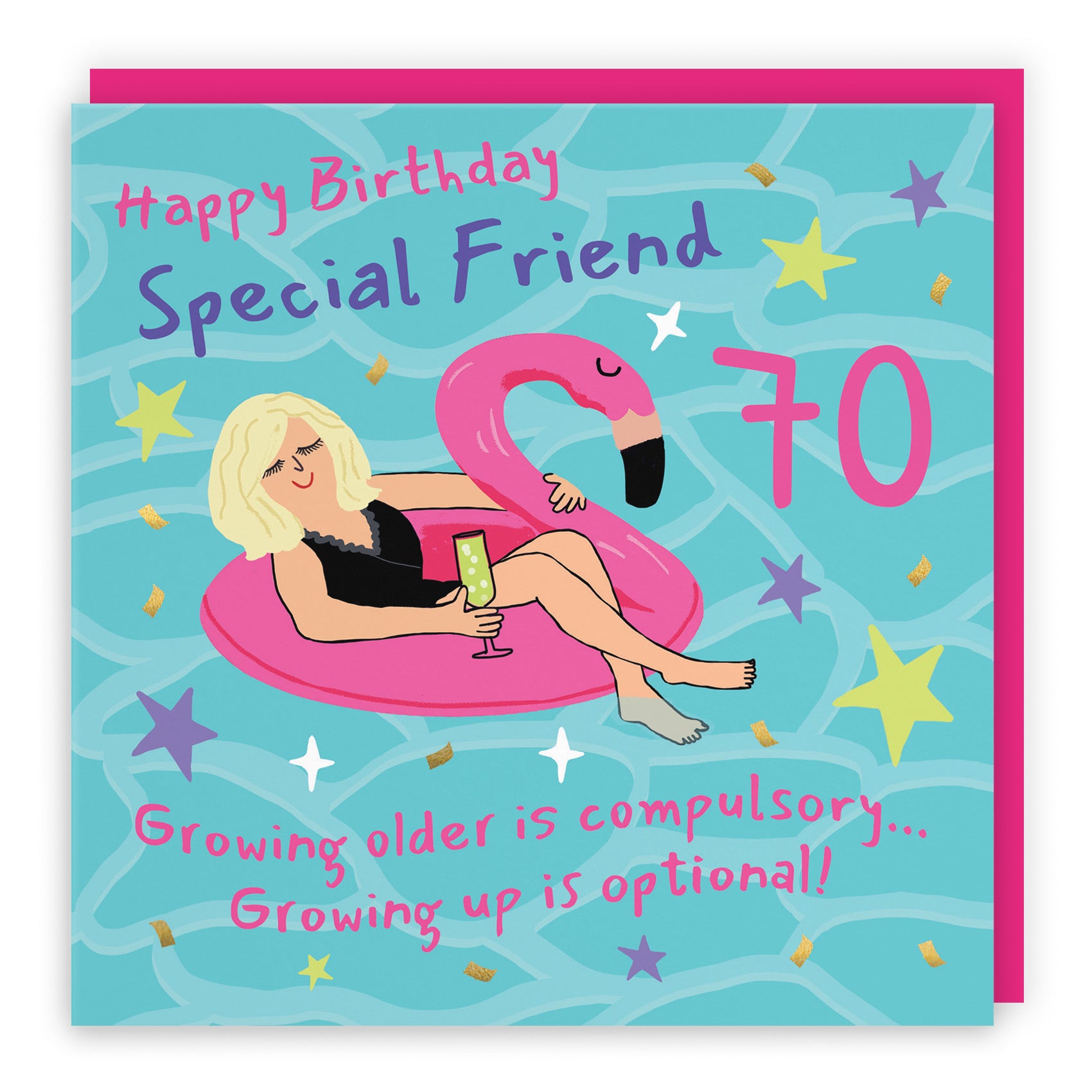 Female 70th Friend Birthday Card Flamingo Float Laugh Out Loud - Default Title (GK00410)