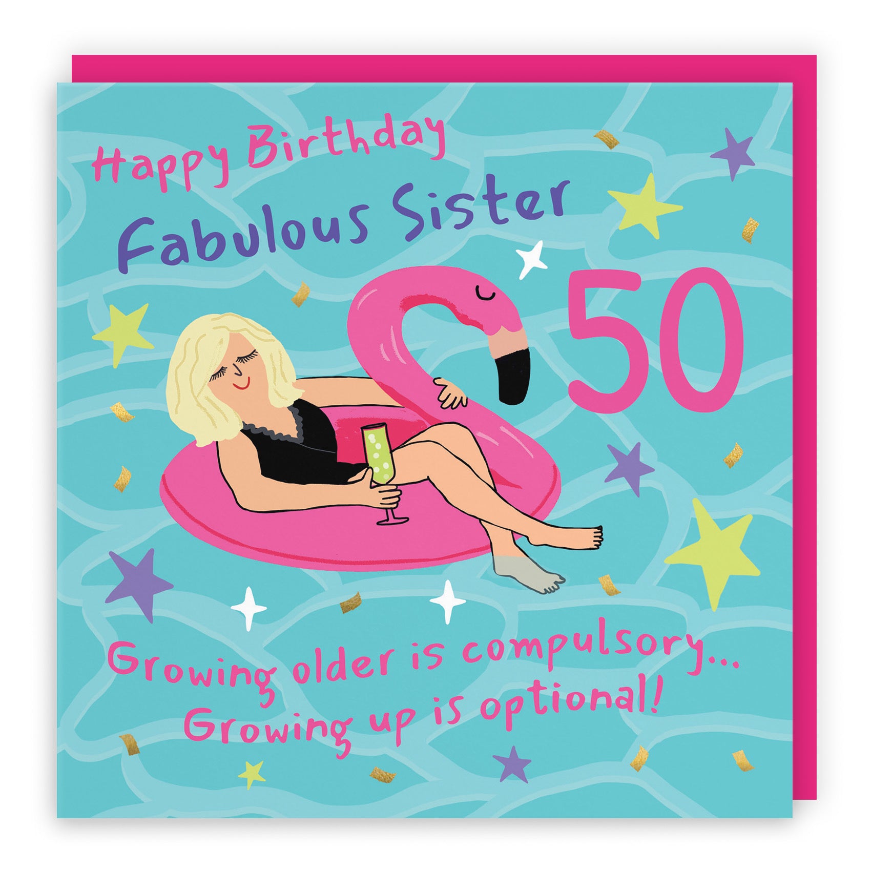 50th Sister Birthday Card Flamingo Float Laugh Out Loud - Default Title (GK00431)