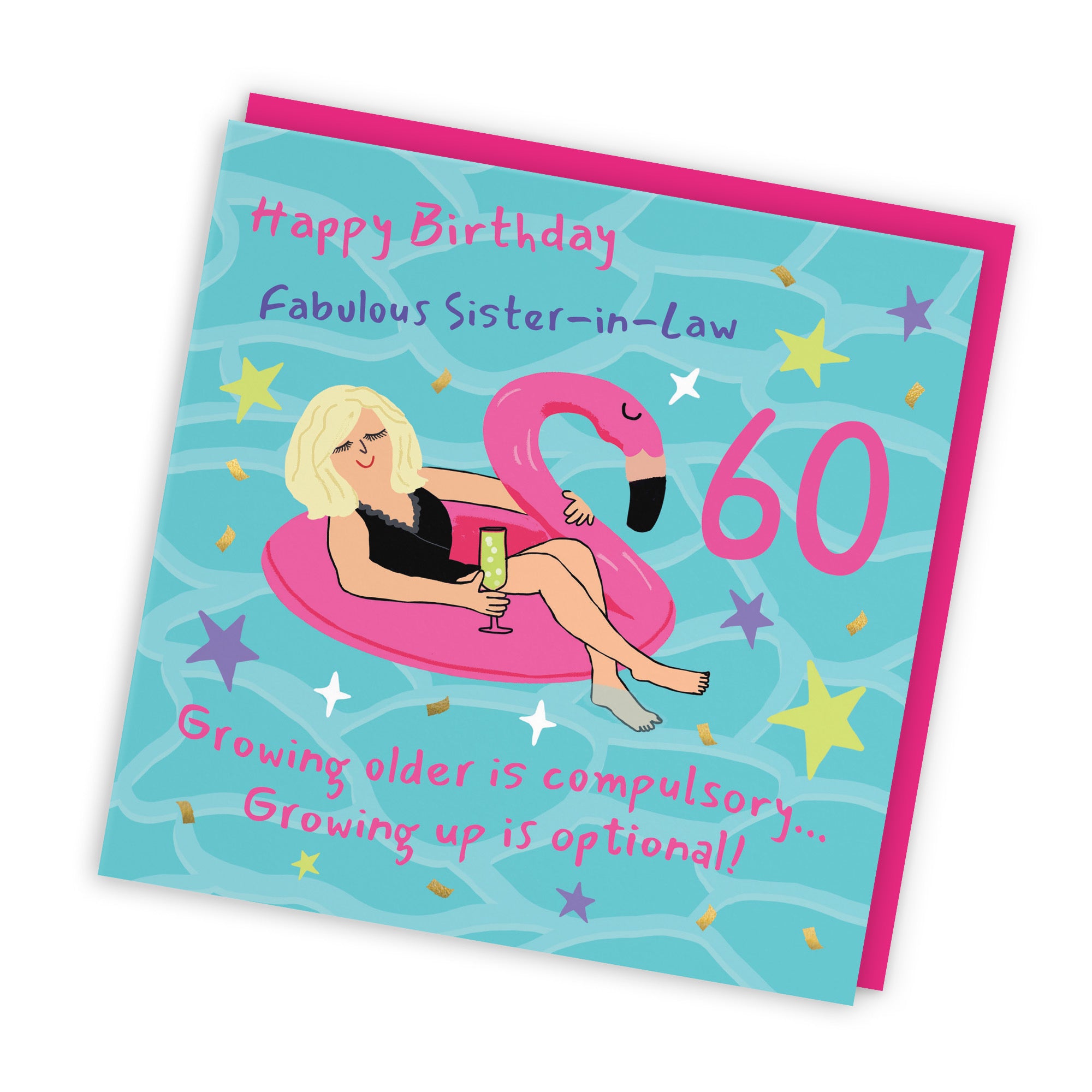 60th Sister-in-Law Birthday Card Flamingo Float Laugh Out Loud - Default Title (GK00439)