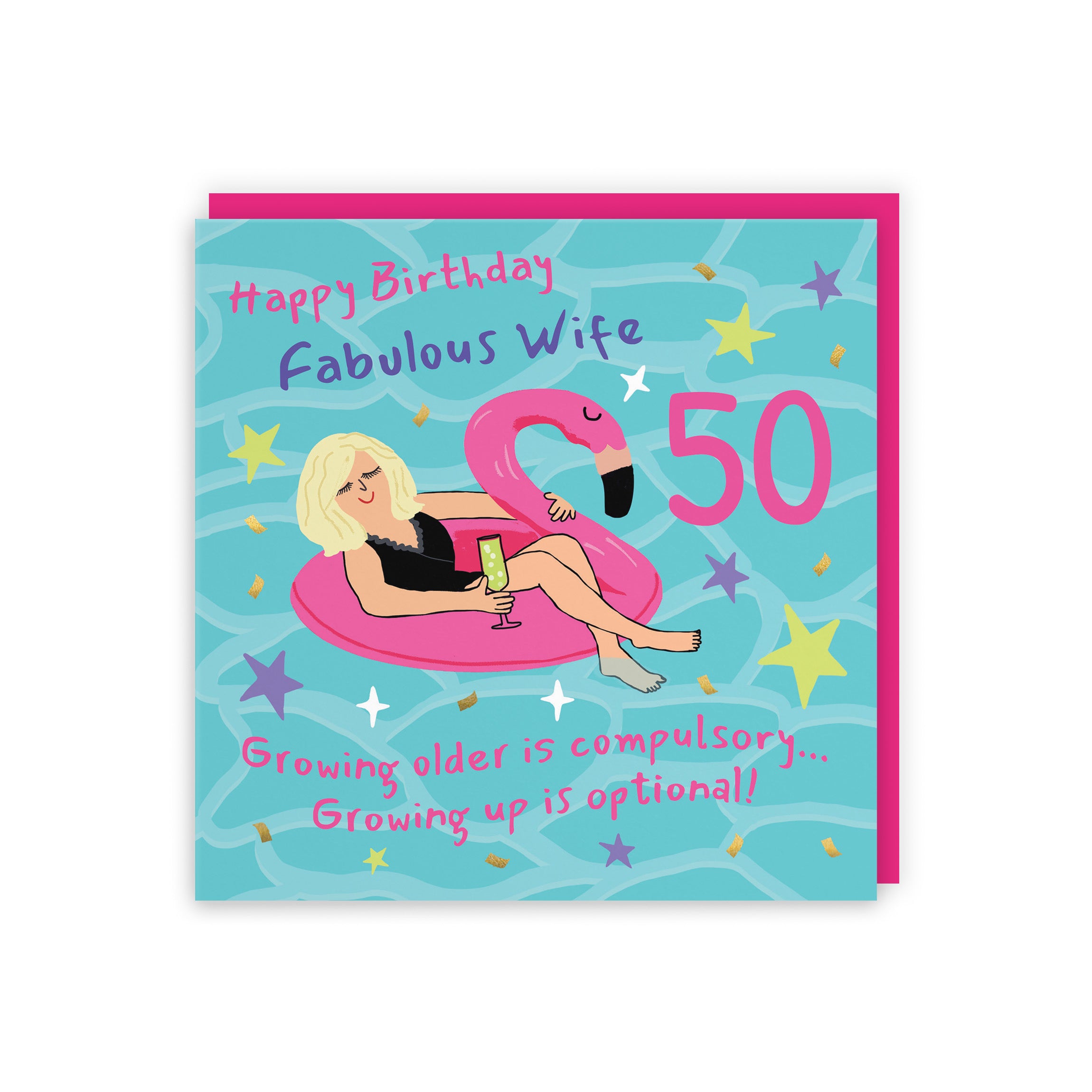 50th Wife Birthday Card Flamingo Float Laugh Out Loud - Default Title (GK00453)