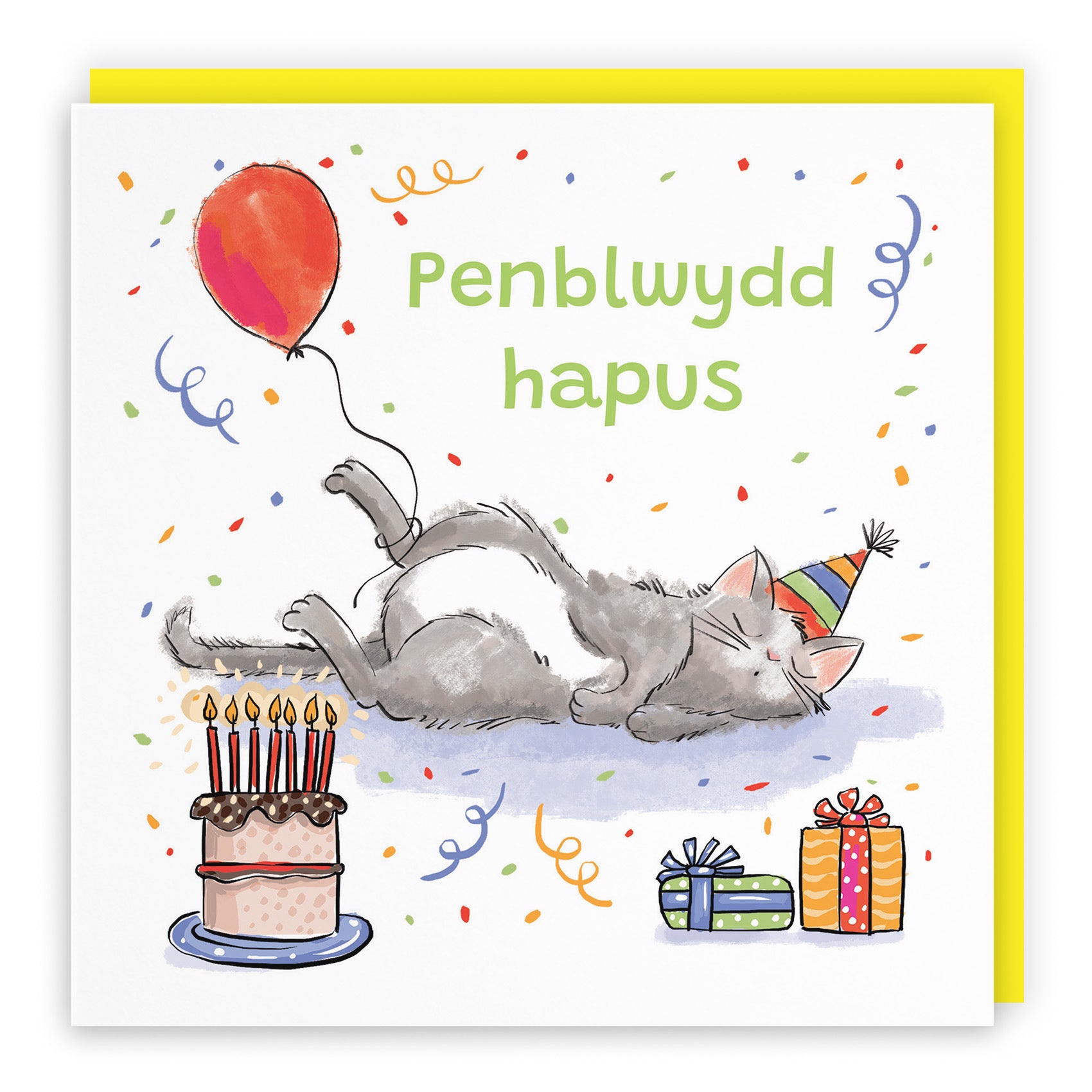 Welsh Language Birthday Card Sleepy Cat Animal Party - Default Title (RM00089)