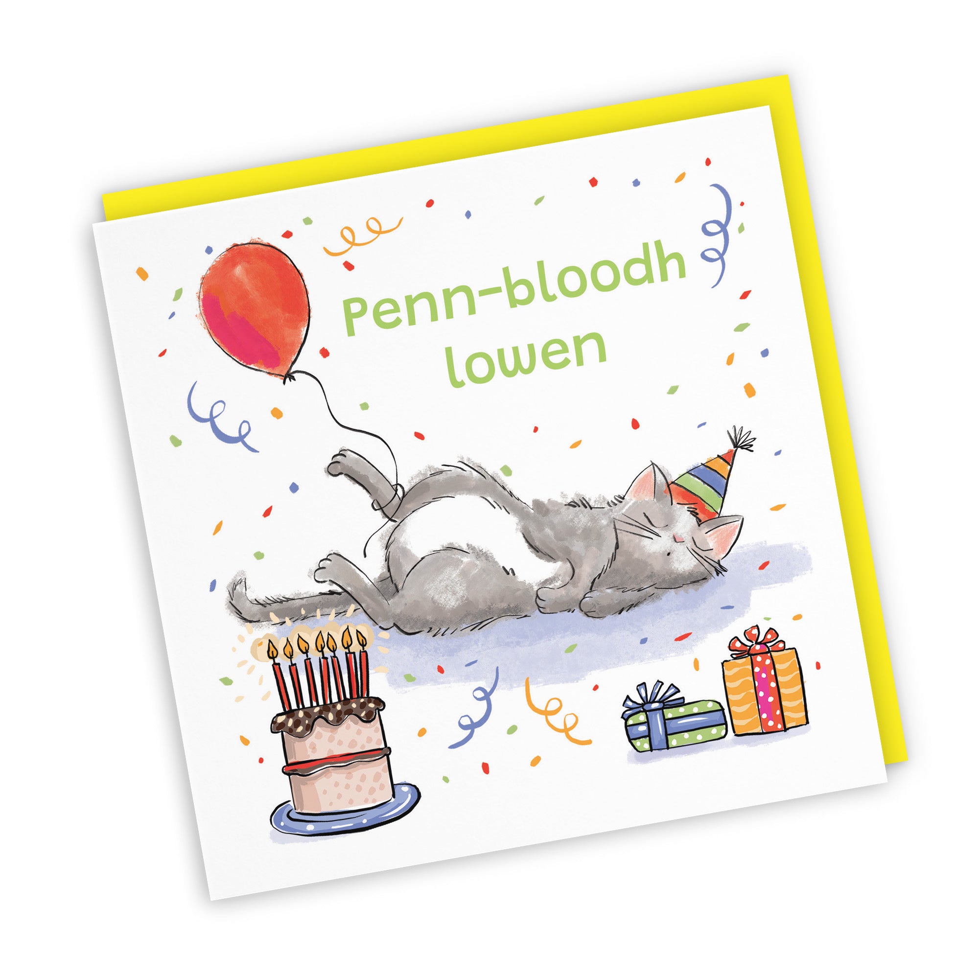 Cornish Language Birthday Card Sleepy Cat Animal Party - Default Title (RM00099)