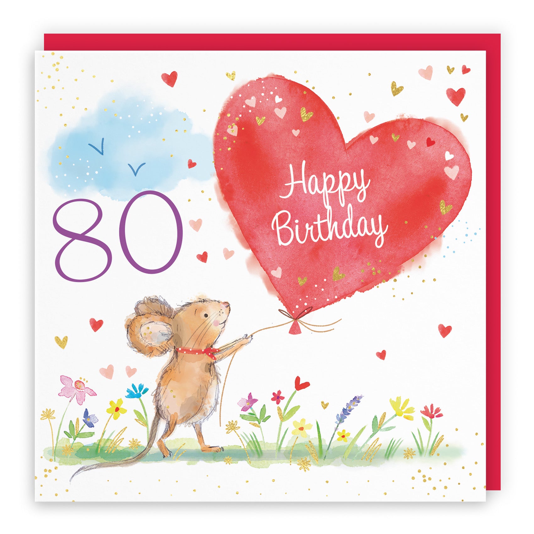 Womens 80th Birthday Card Heart Balloon Gold Foil Marty The Mouse - Default Title (SN00138)