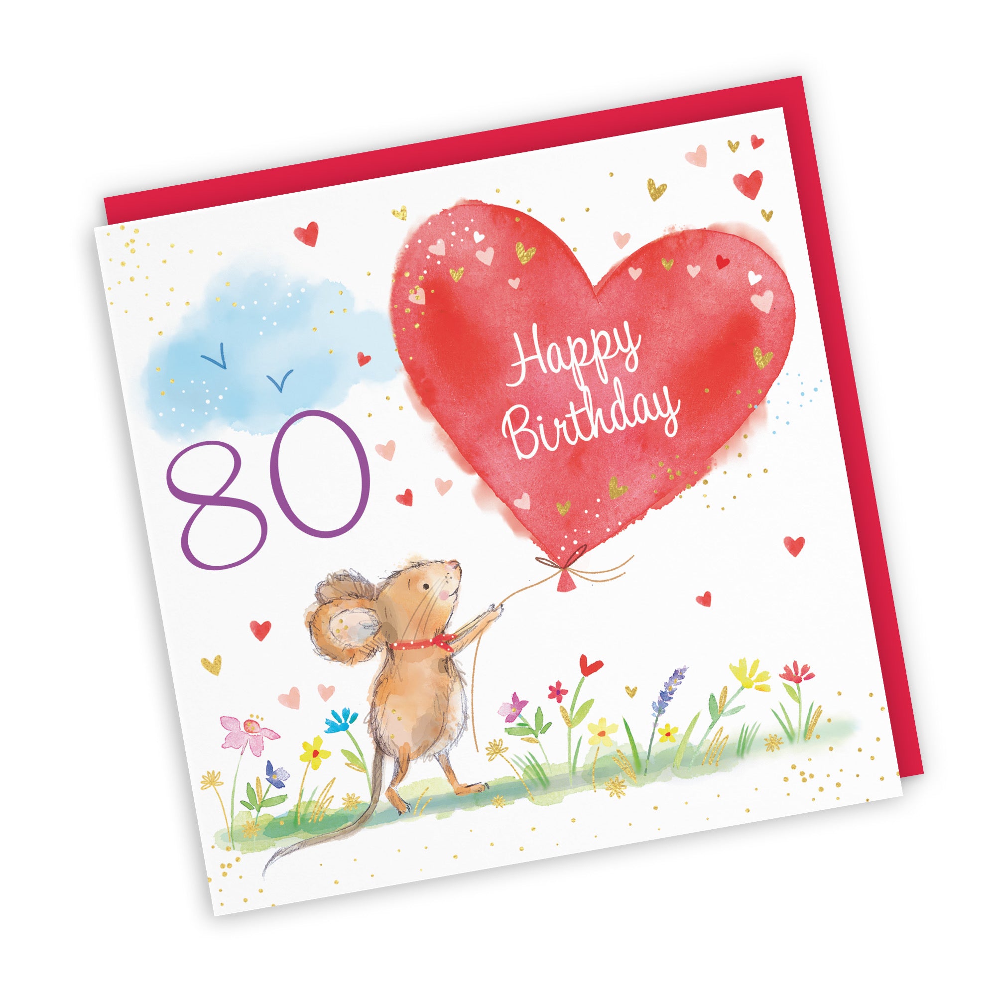 Womens 80th Birthday Card Heart Balloon Gold Foil Marty The Mouse - Default Title (SN00138)