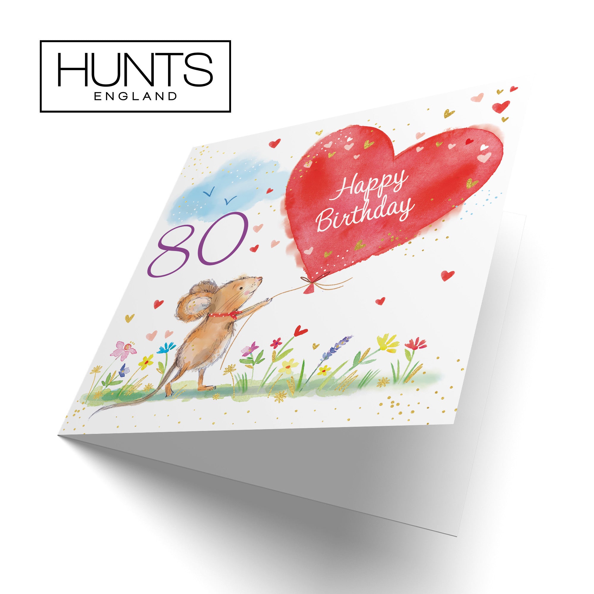 Womens 80th Birthday Card Heart Balloon Gold Foil Marty The Mouse - Default Title (SN00138)