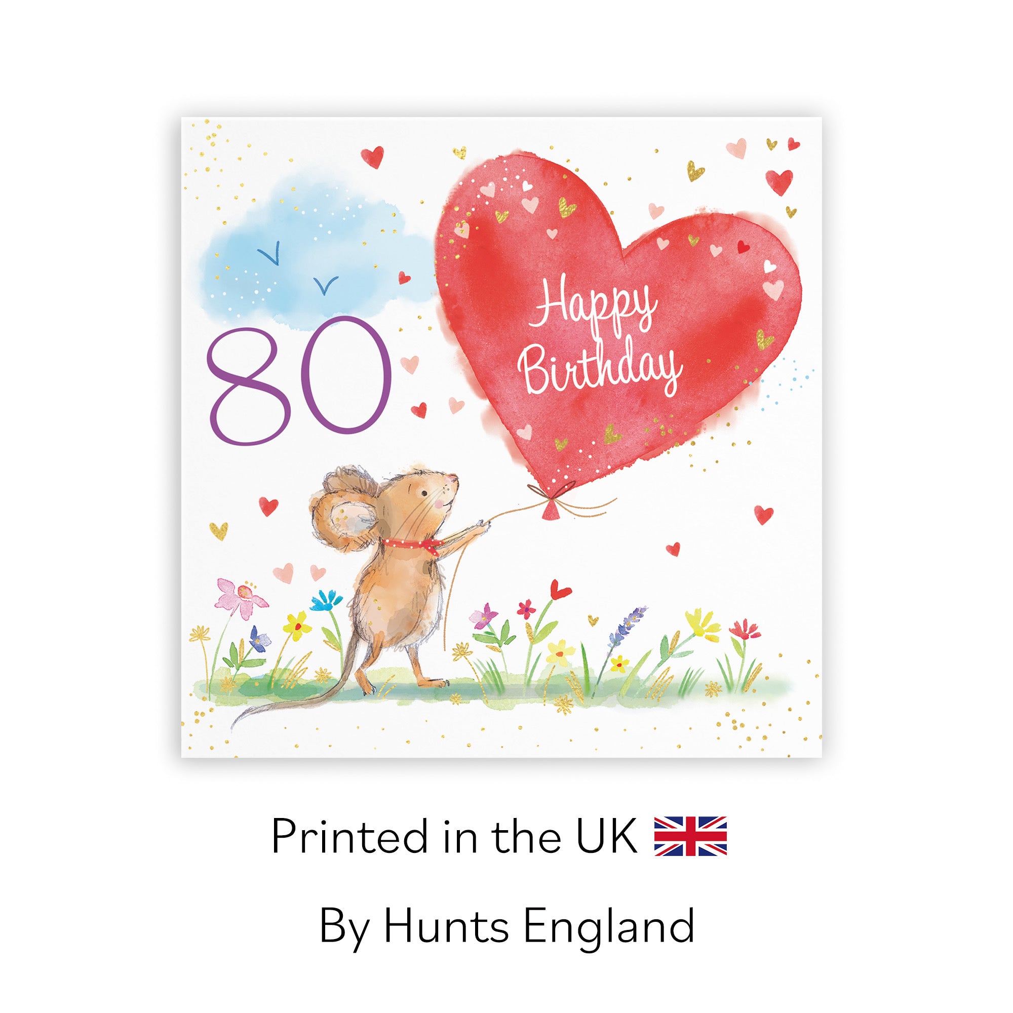 Womens 80th Birthday Card Heart Balloon Gold Foil Marty The Mouse - Default Title (SN00138)