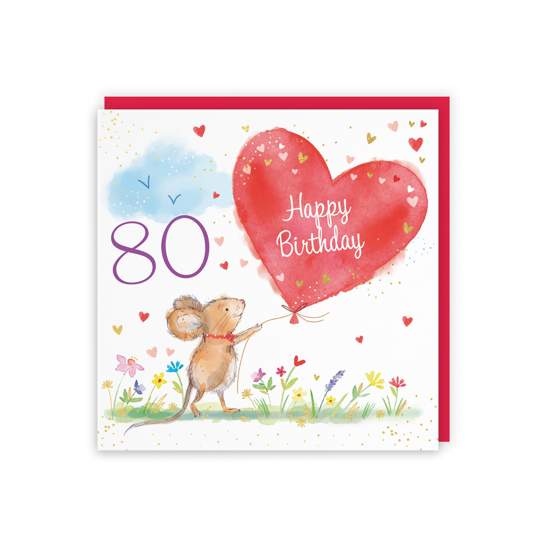 Womens 80th Birthday Card Heart Balloon Gold Foil Marty The Mouse - Default Title (SN00138)
