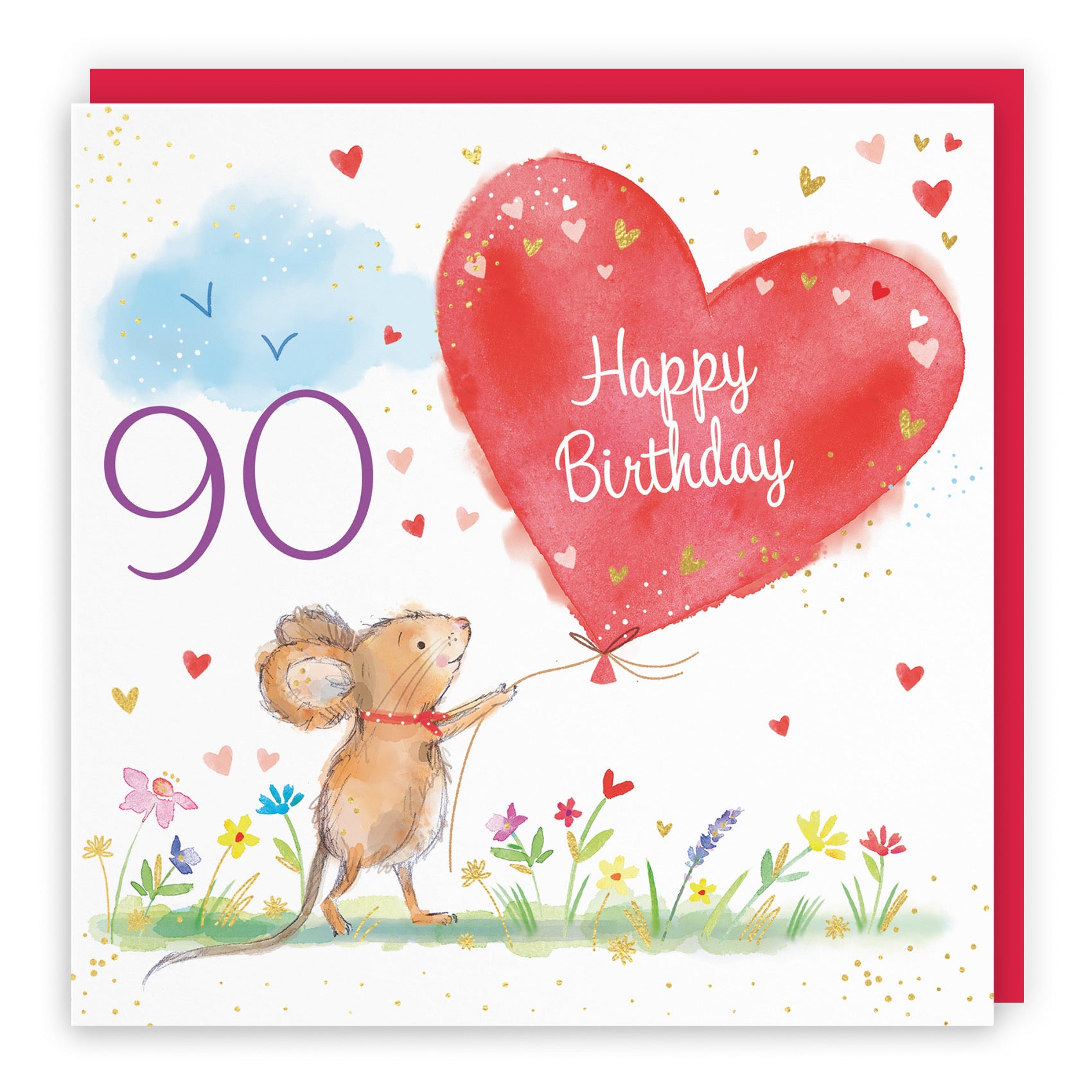 Womens 90th Birthday Card Heart Balloon Gold Foil Marty The Mouse - Default Title (SN00139)