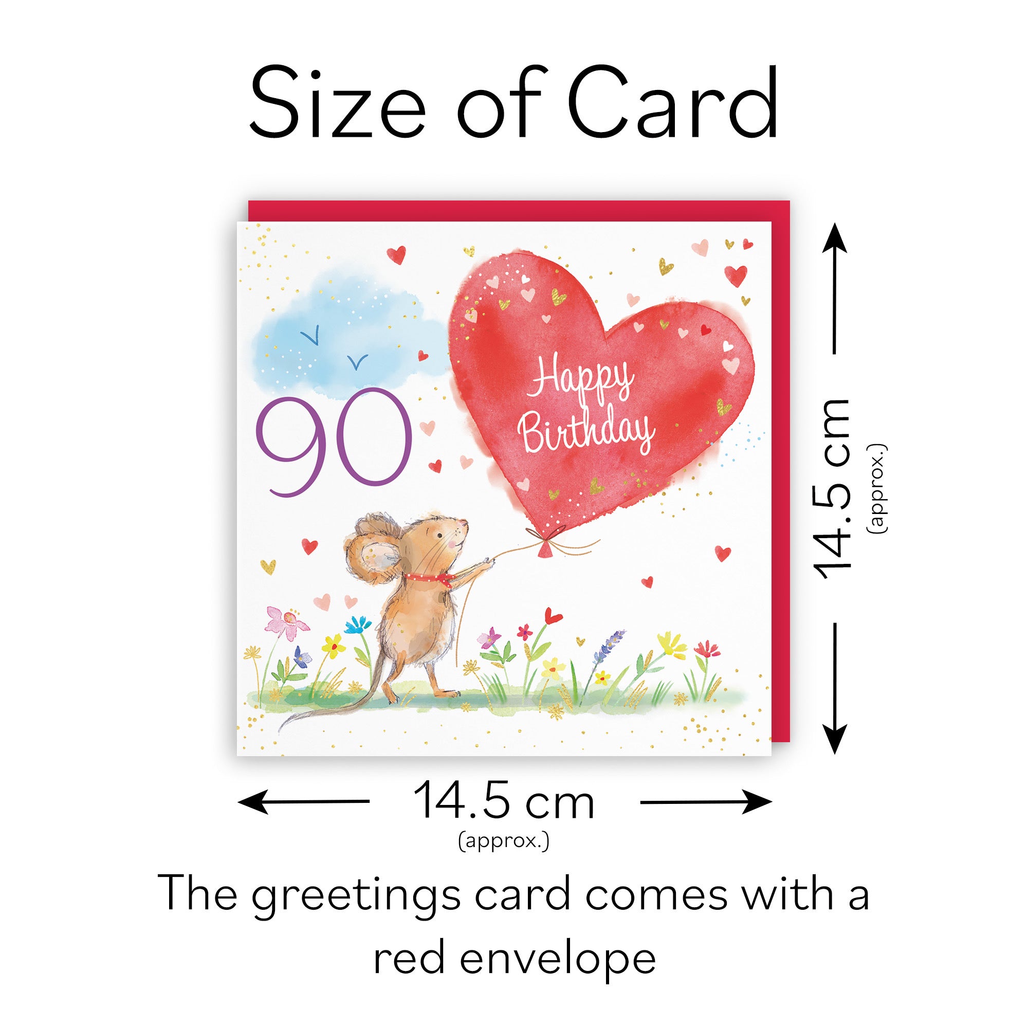 Womens 90th Birthday Card Heart Balloon Gold Foil Marty The Mouse - Default Title (SN00139)