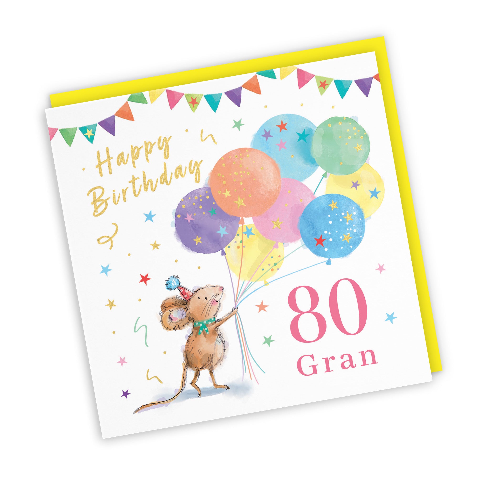 80th Gran Birthday Card Colourful Balloons Gold Foil Little Whiskers - Default Title (SN00414)