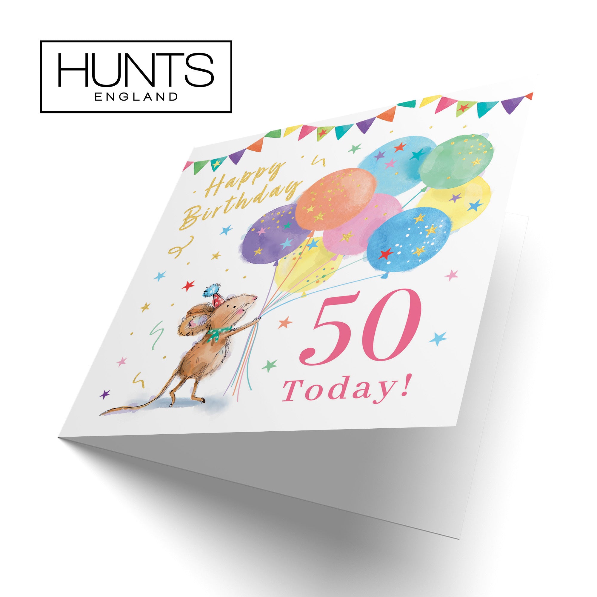 Women's 50th Birthday Card Colourful Balloons Gold Foil Little Whiskers - Default Title (SN00472)
