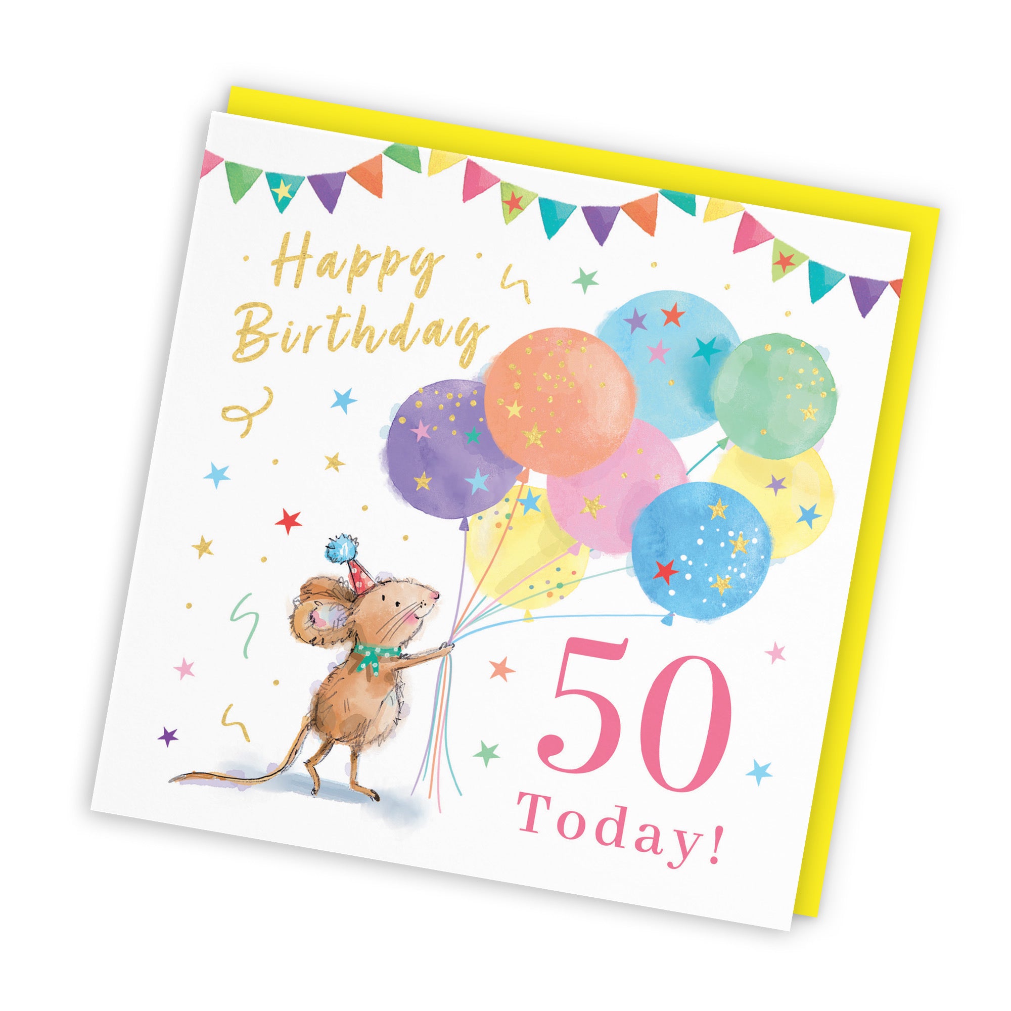 Women's 50th Birthday Card Colourful Balloons Gold Foil Little Whiskers - Default Title (SN00472)