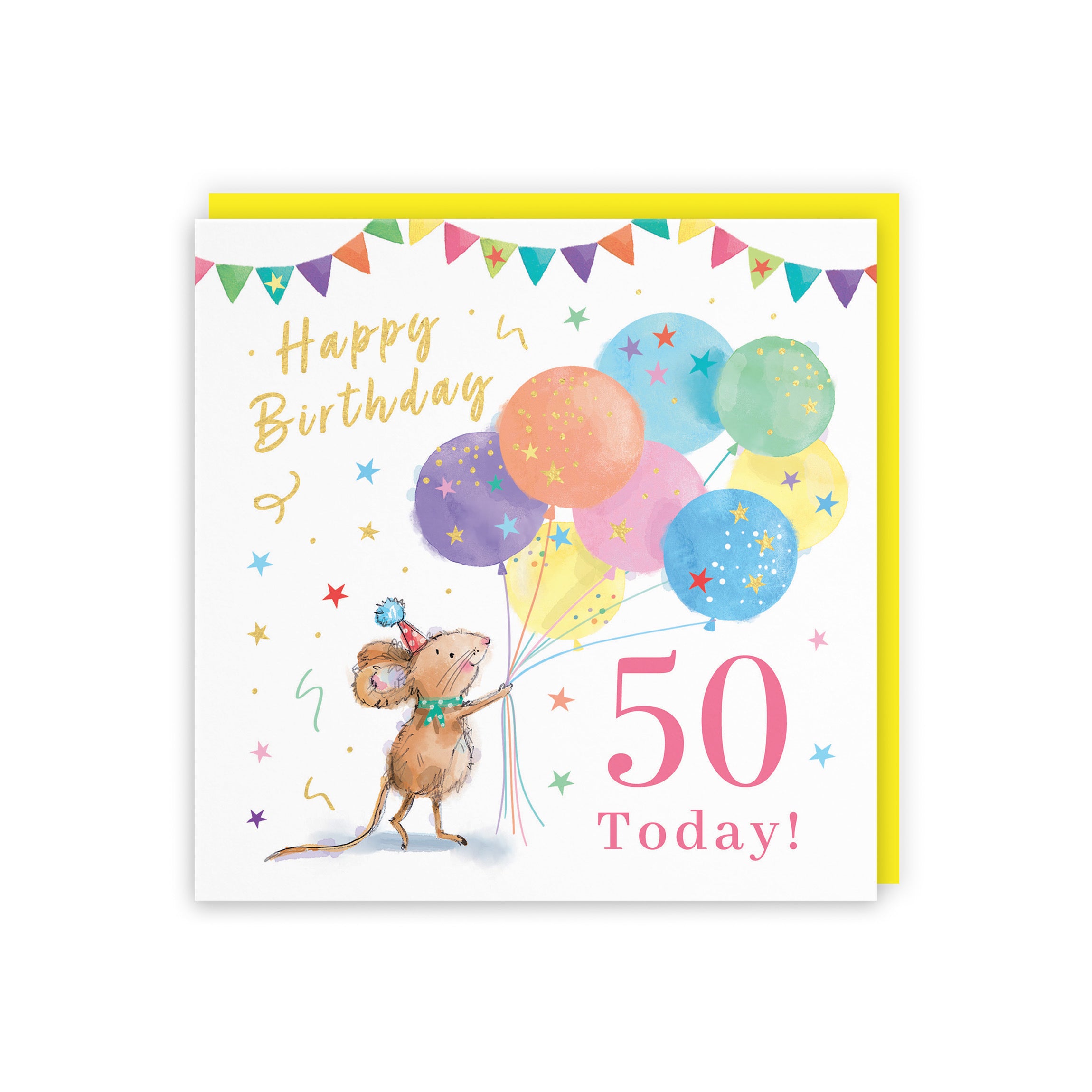 Women's 50th Birthday Card Colourful Balloons Gold Foil Little Whiskers - Default Title (SN00472)