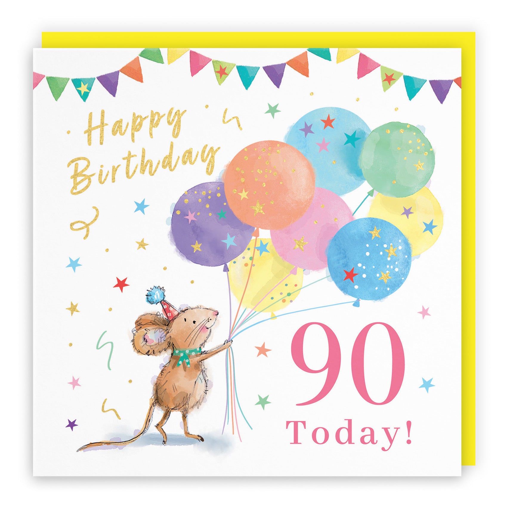 Women's 90th Birthday Card Colourful Balloons Gold Foil Little Whiskers - Default Title (SN00476)