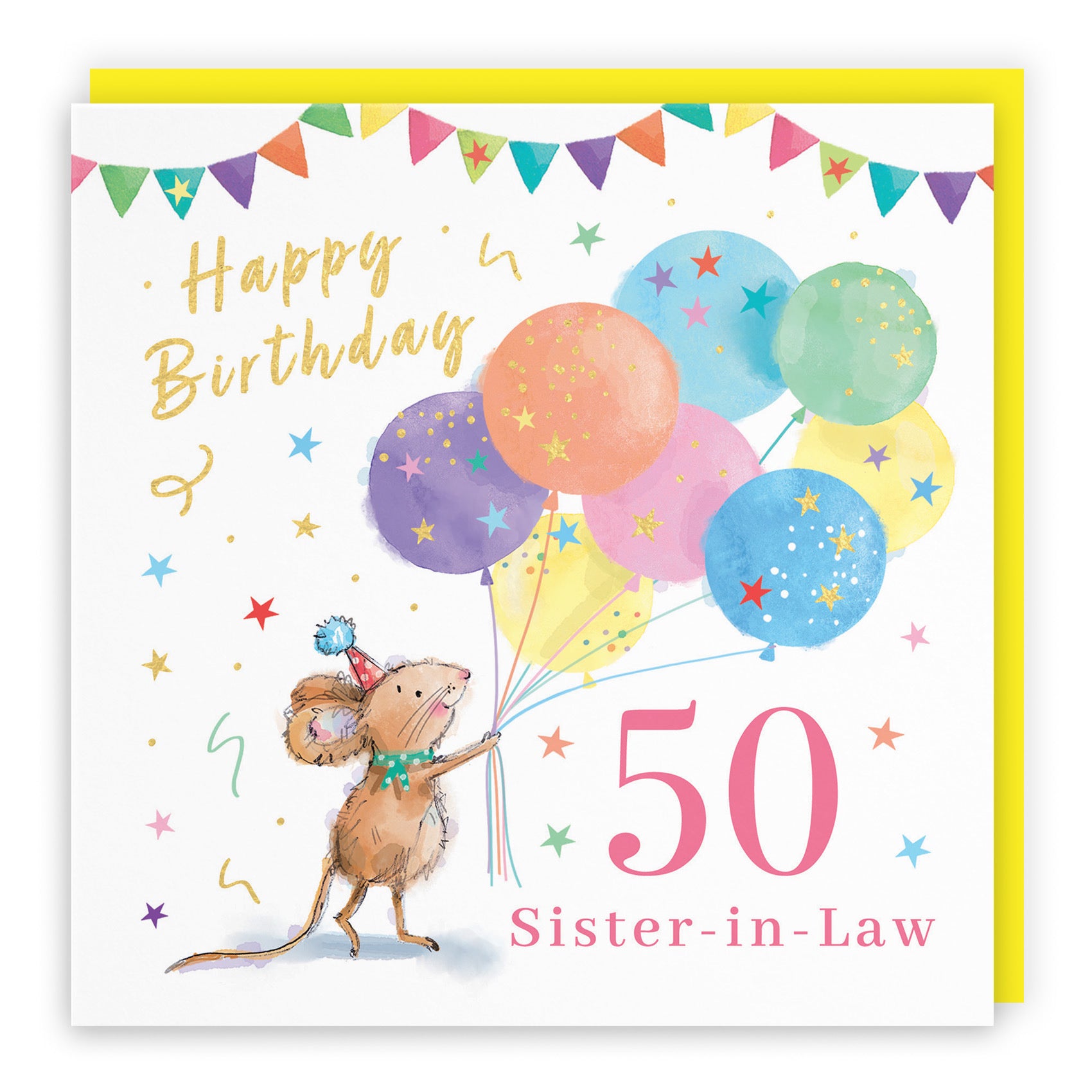 50th Sister-in-Law Birthday Card Colourful Balloons Gold Foil Little Whiskers - Default Title (SN00485)