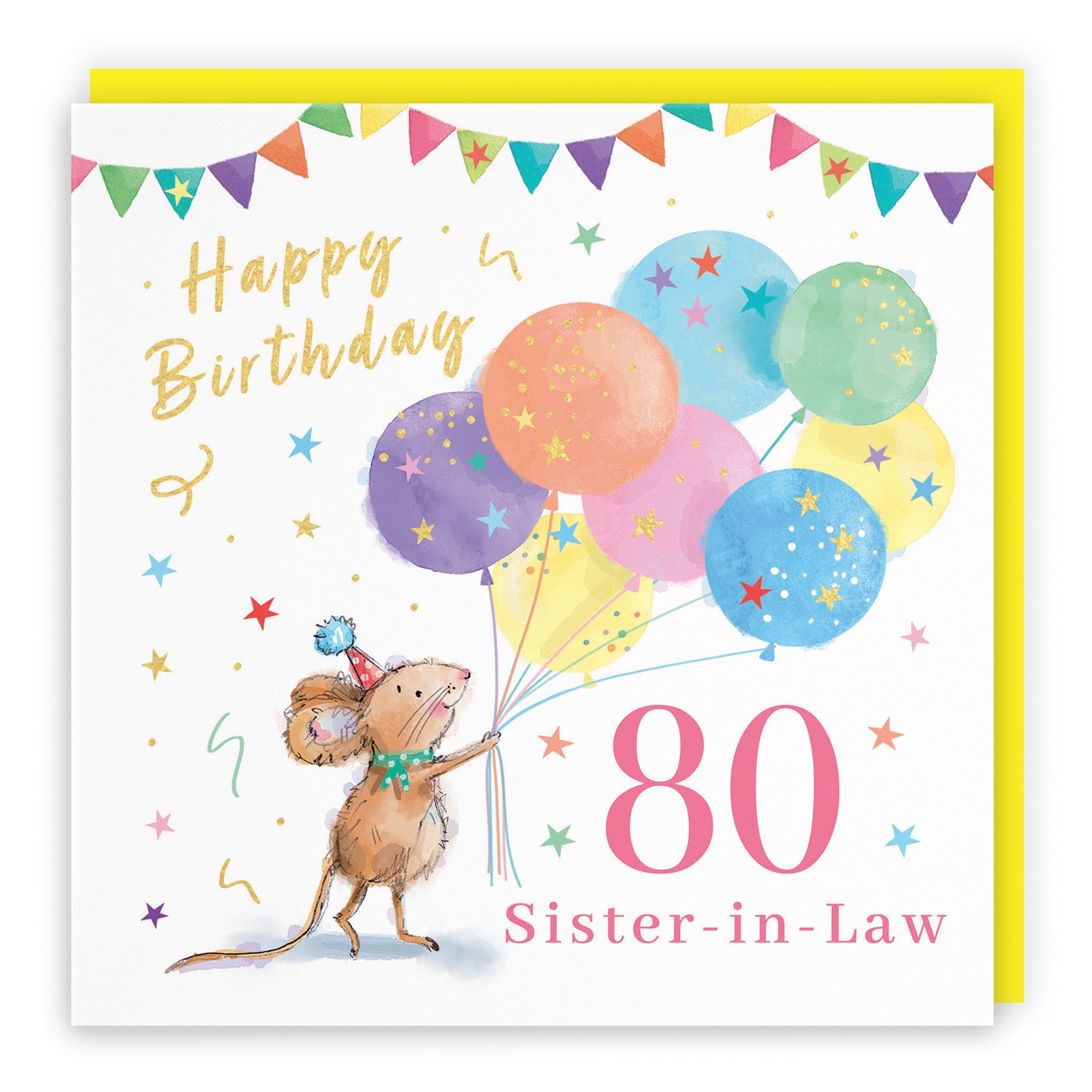 80th Sister-in-Law Birthday Card Colourful Balloons Gold Foil Little Whiskers - Default Title (SN00488)