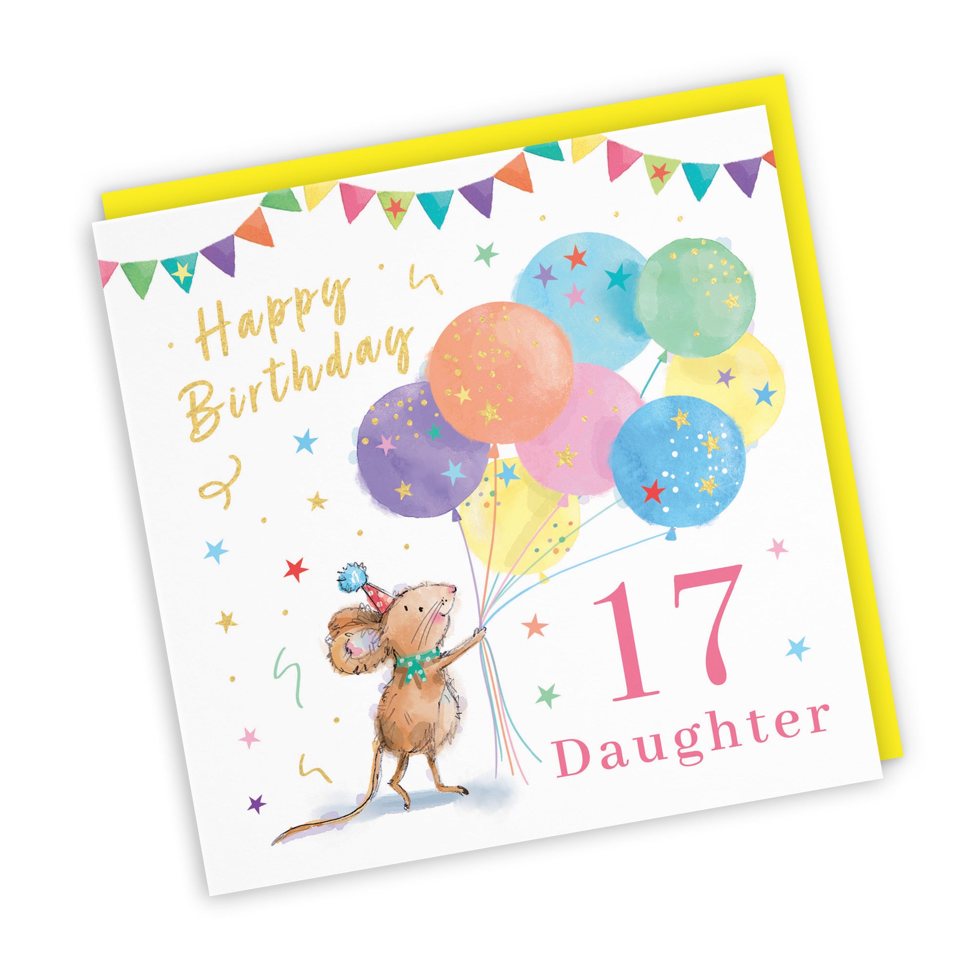 17th Daughter Birthday Card Colourful Balloons Gold Foil Little Whiskers - Default Title (SN00502)