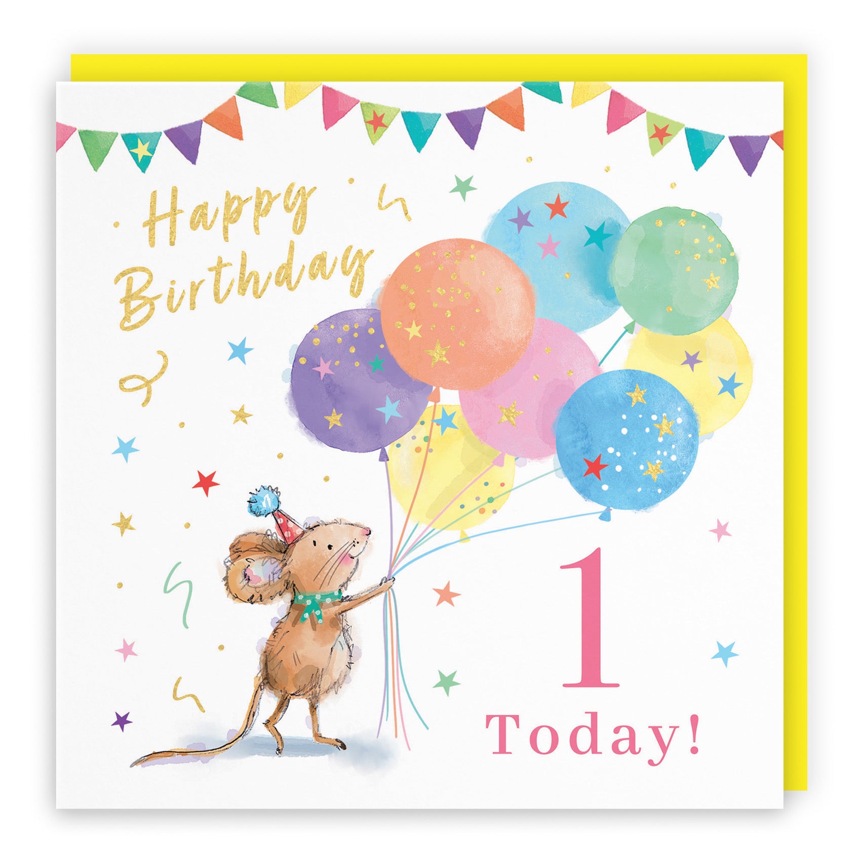 Girls 1st Birthday Card Colourful Balloons Gold Foil Little Whiskers - Default Title (SN00517)