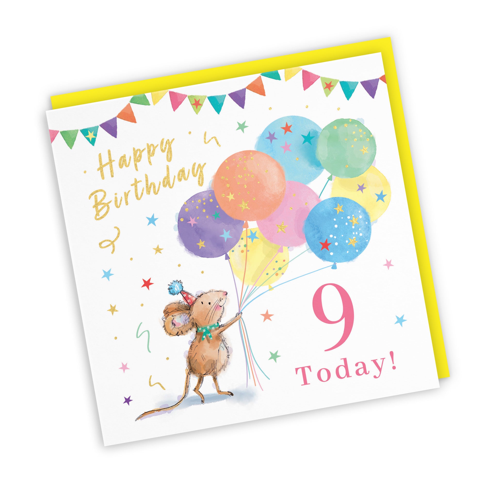 Girls 9th Birthday Card Colourful Balloons Gold Foil Little Whiskers - Default Title (SN00525)