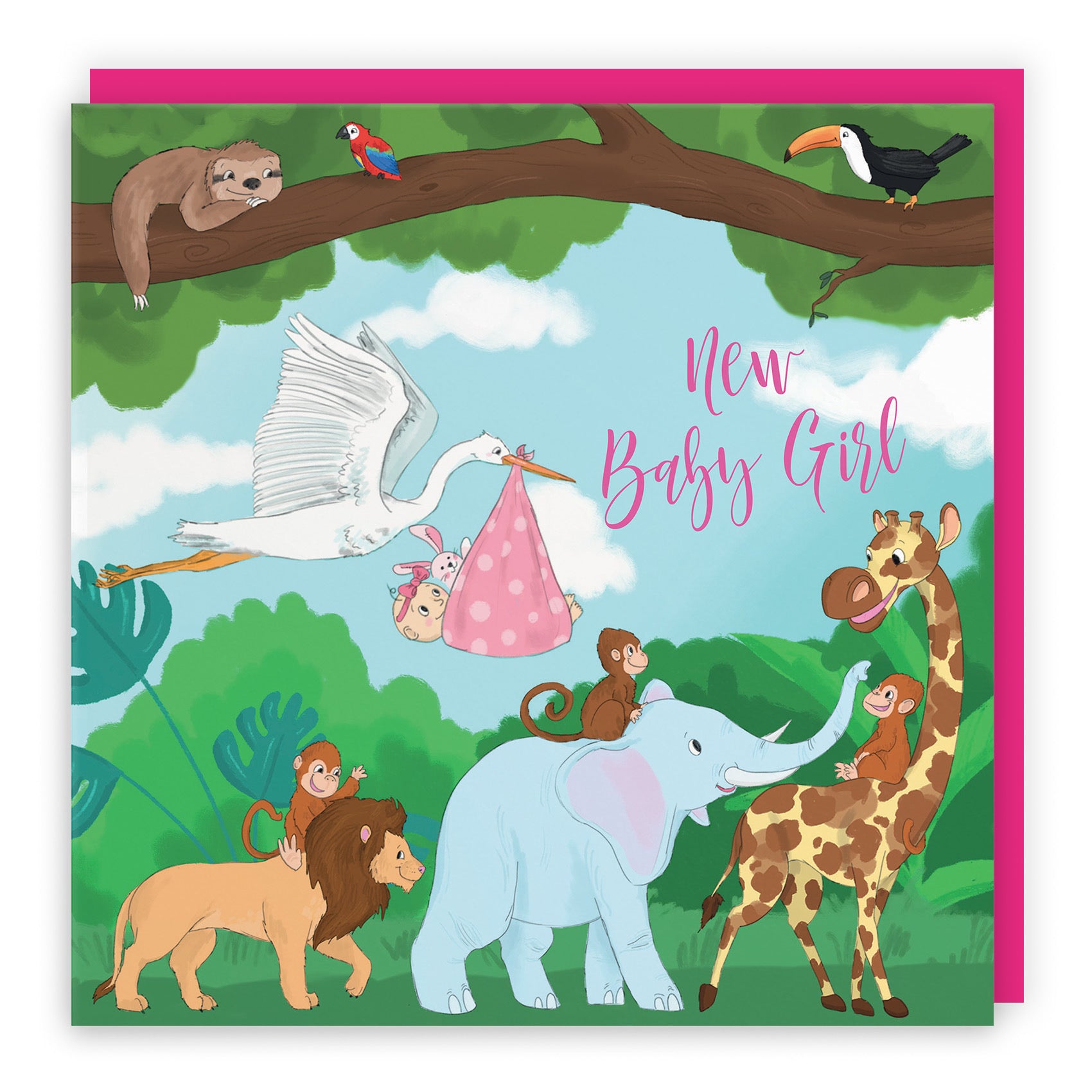 New Baby Girl Congratulations Card Stork Jungle - Default Title (TH03384)