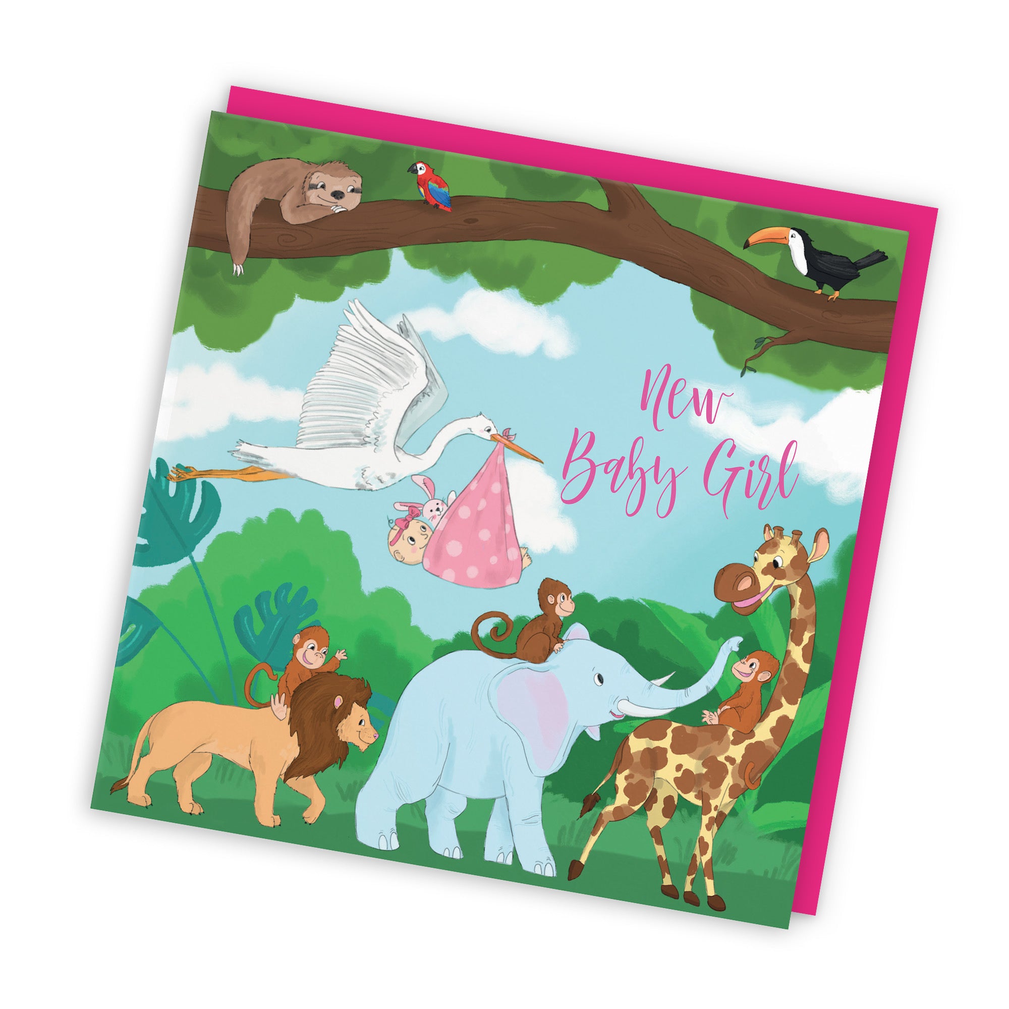 New Baby Girl Congratulations Card Stork Jungle - Default Title (TH03384)