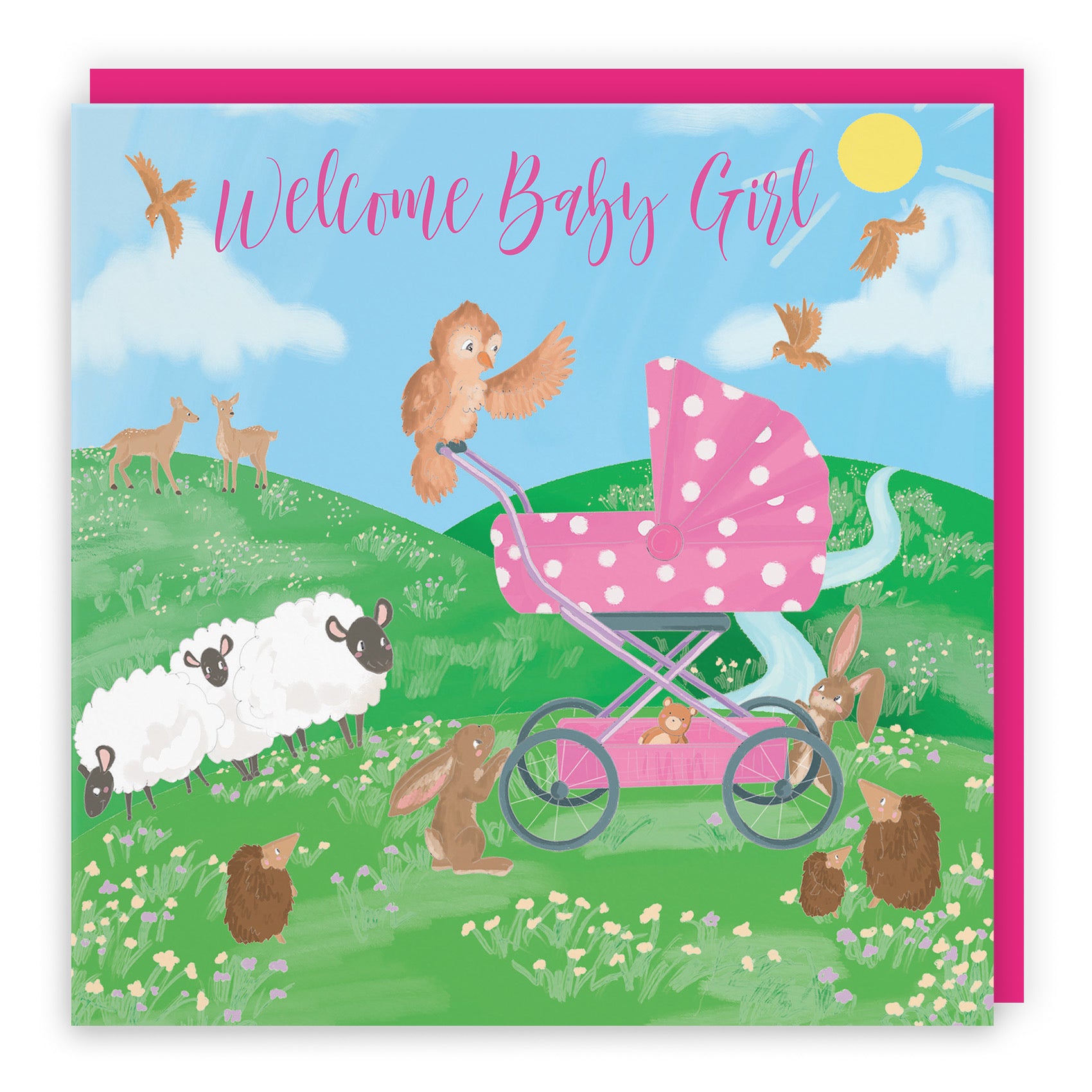 Welcome Baby Girl Card Pink Pram Countryside - Default Title (TH03395)