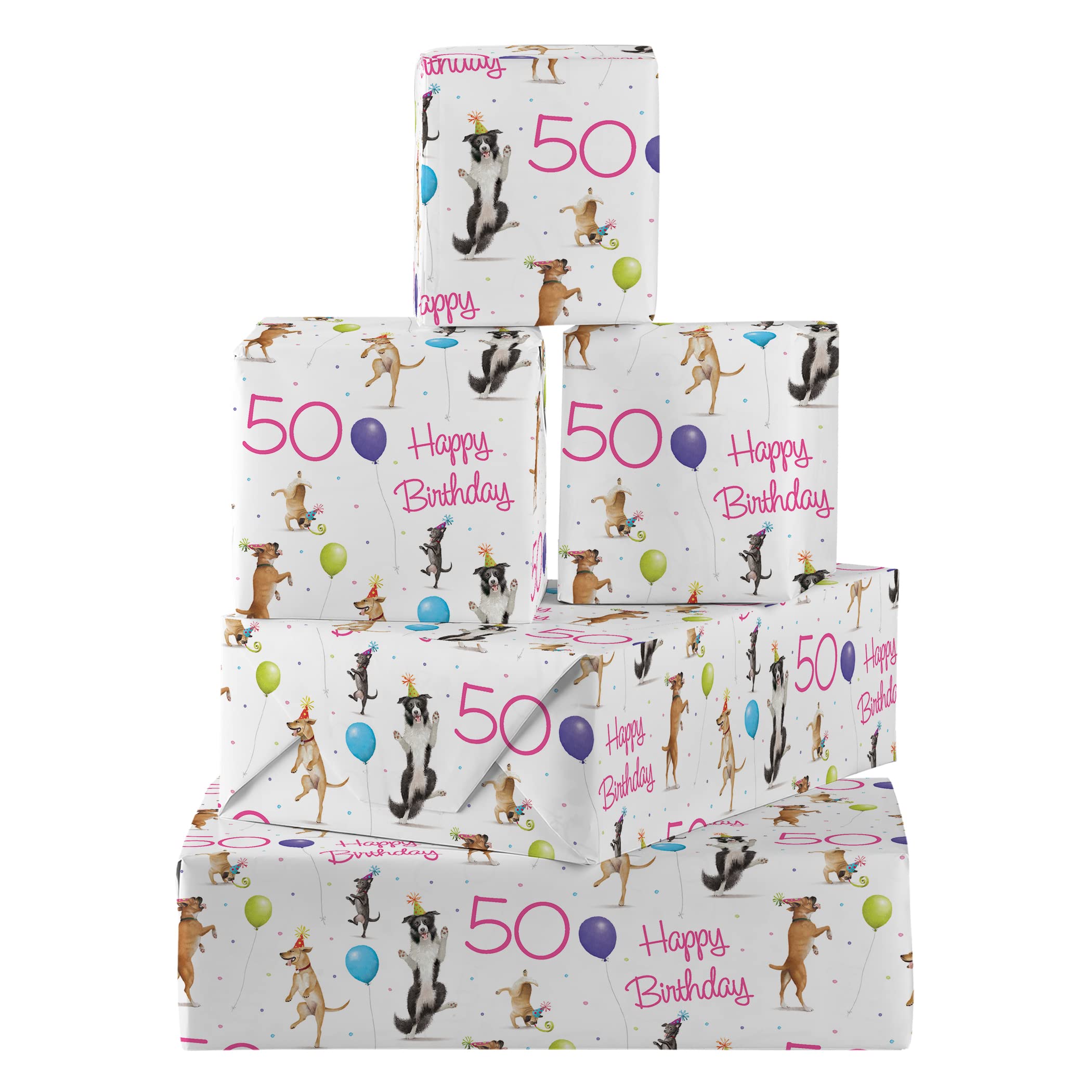 50th Birthday Female Pink Wrapping Paper And Tags Dancing Dogs Milo's Gallery