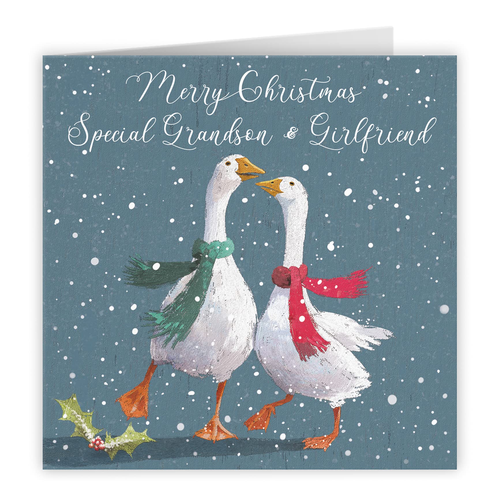 Grandson And Girlfriend Festive Geese Christmas Card Milo's Gallery