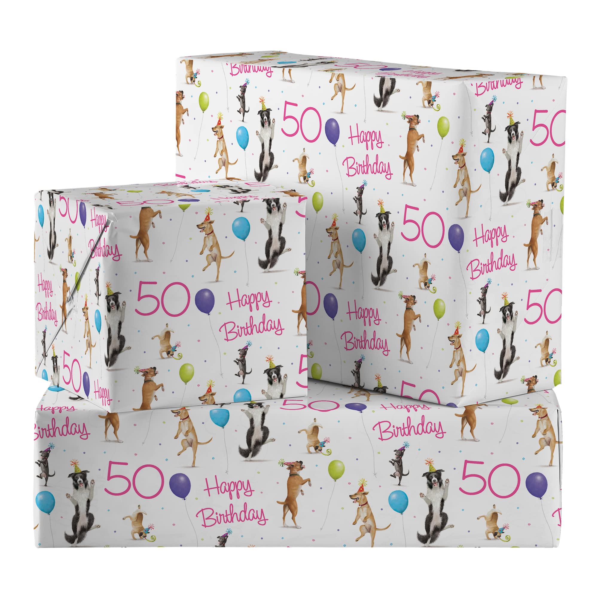 50th Birthday Female Pink Wrapping Paper And Tags Dancing Dogs Milo's Gallery