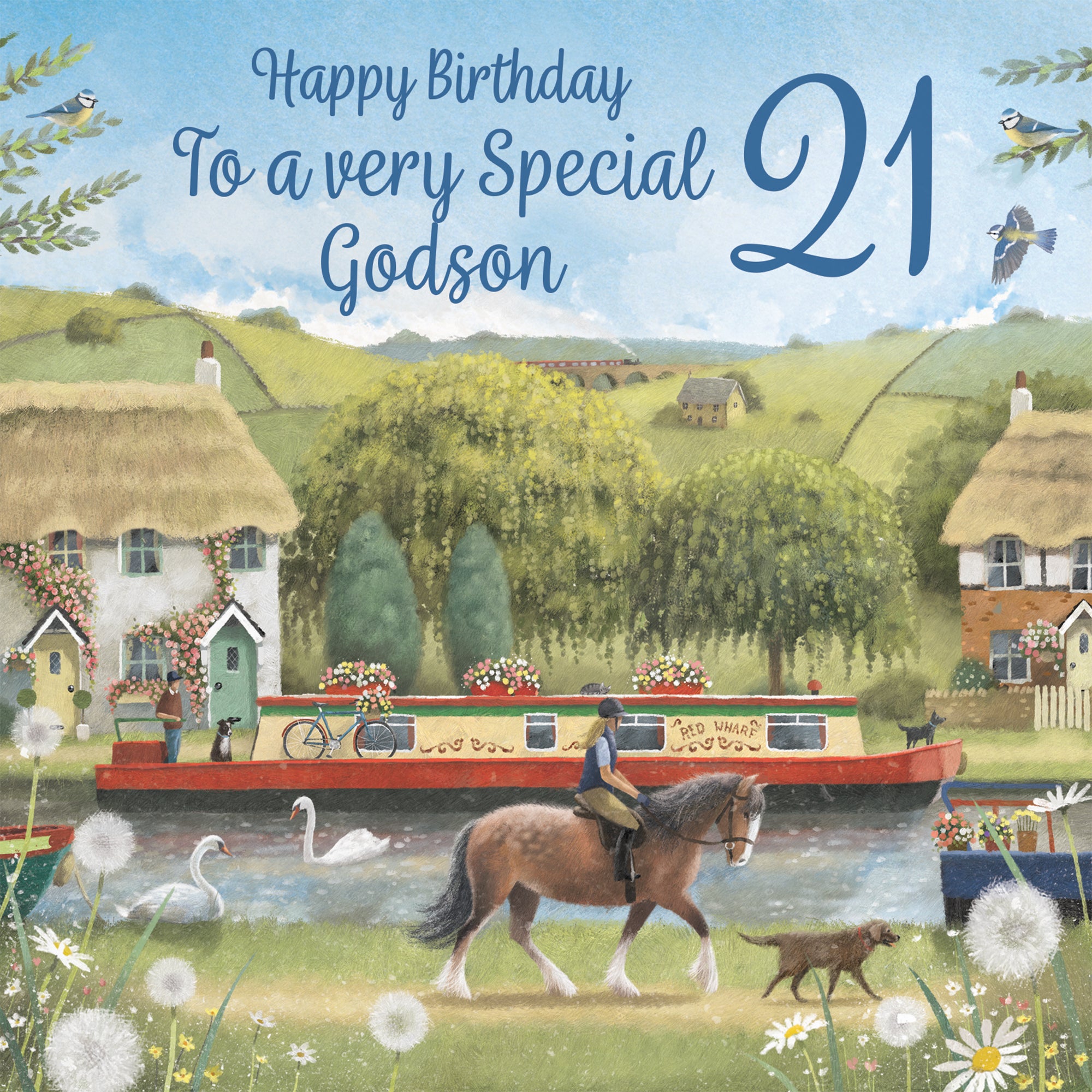 21st Godson Canal Narrowboat Birthday Card Horse Riding Milo's Gallery