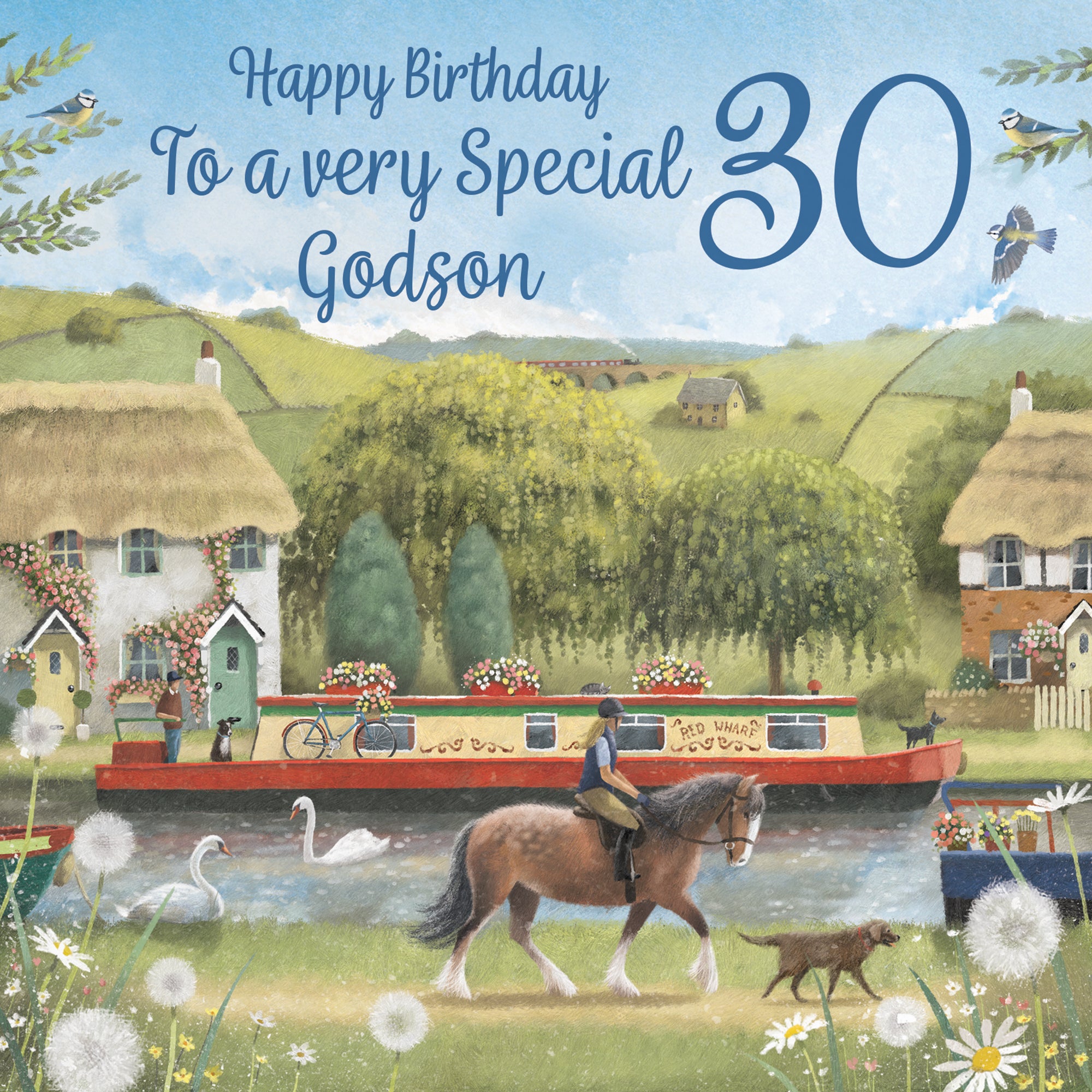 30th Godson Canal Narrowboat Birthday Card Horse Riding Milo's Gallery