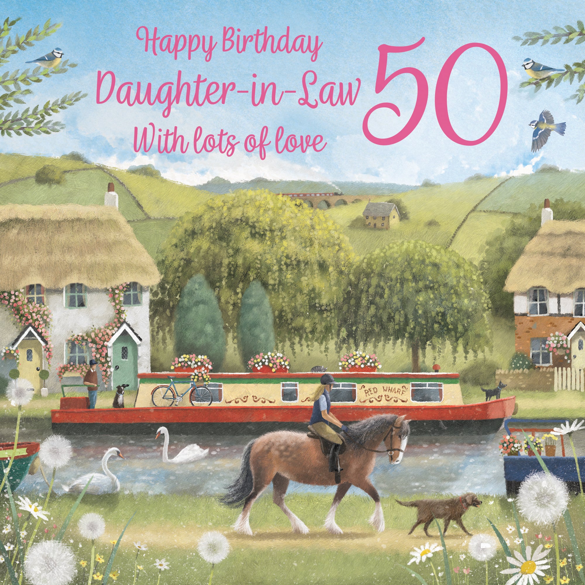 50th Daughter-in-Law Canal Narrowboat Birthday Card Horse Riding Milo's Gallery