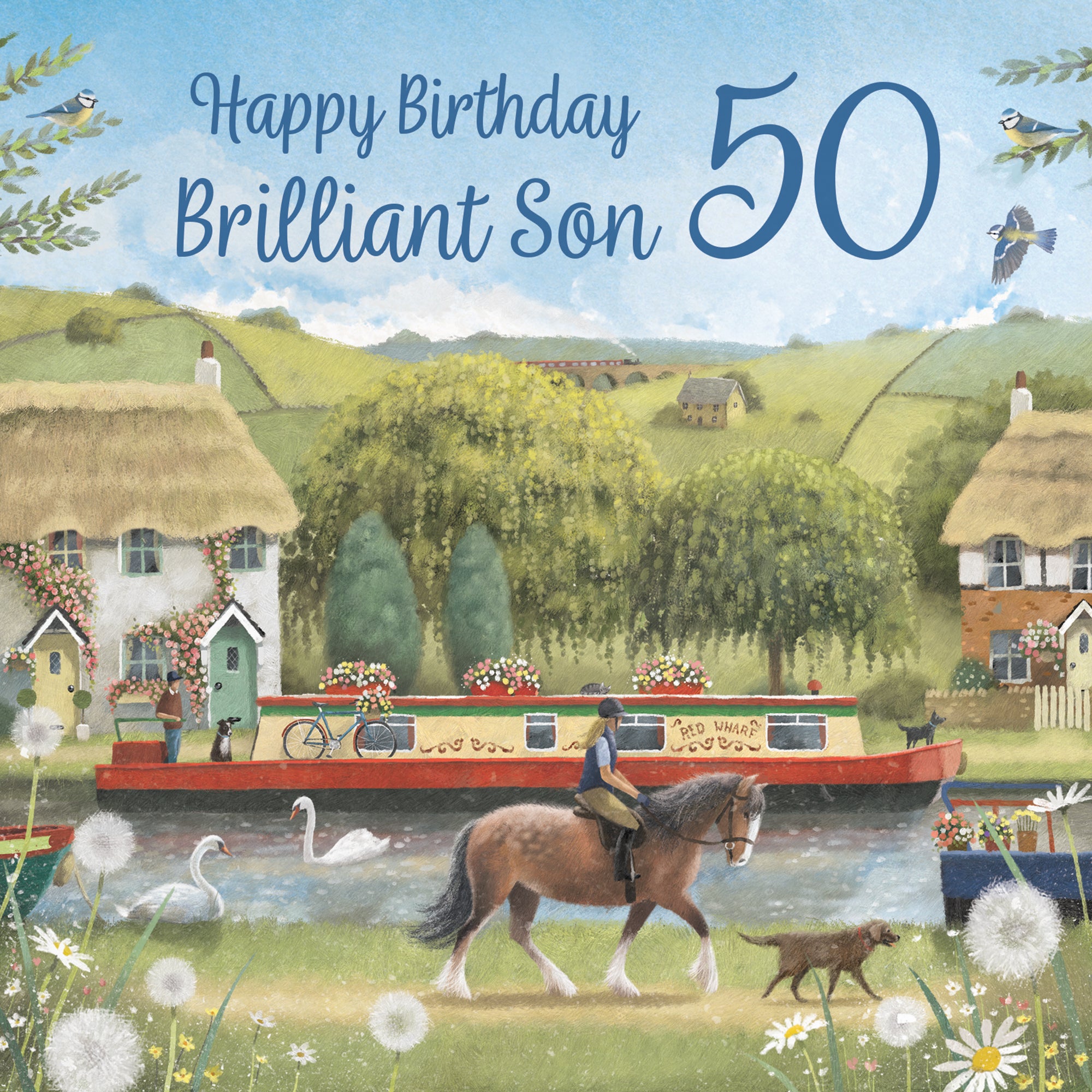 50th Son Canal Narrowboat Birthday Card Horse Riding Milo's Gallery